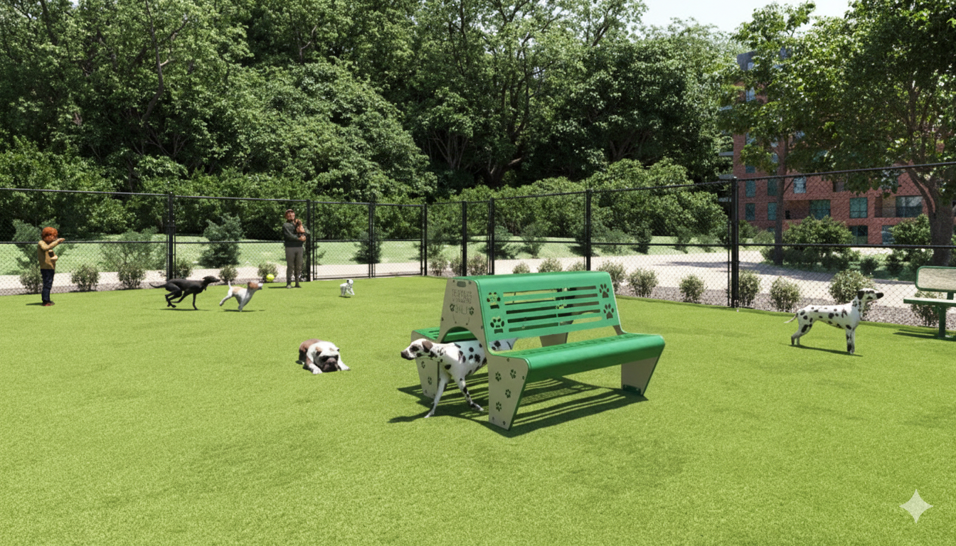 Green dual-sided bench with paw-print cutouts and a tunnel in a fenced dog park with dogs playing nearby