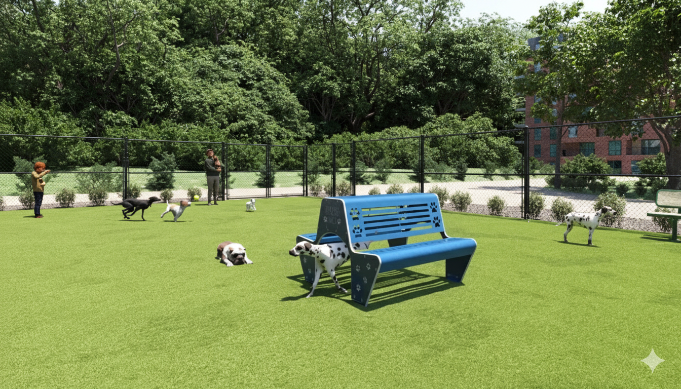 Blue dual-sided dog bench with paw-print cutouts and tunnel, surrounded by various dog breeds in a green fenced dog park