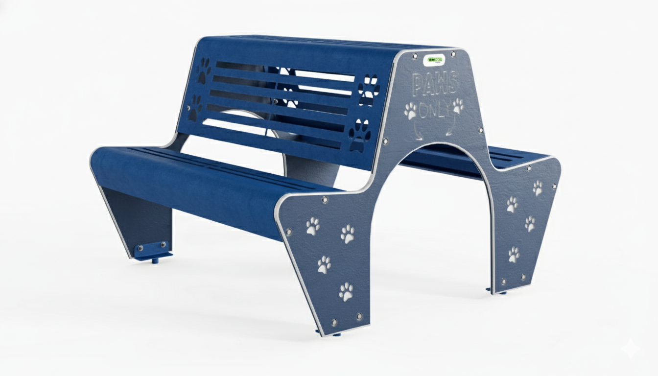 Dual-sided blue bench with dog paw cutouts and a tunnel passage for dog parks and pet-friendly spaces