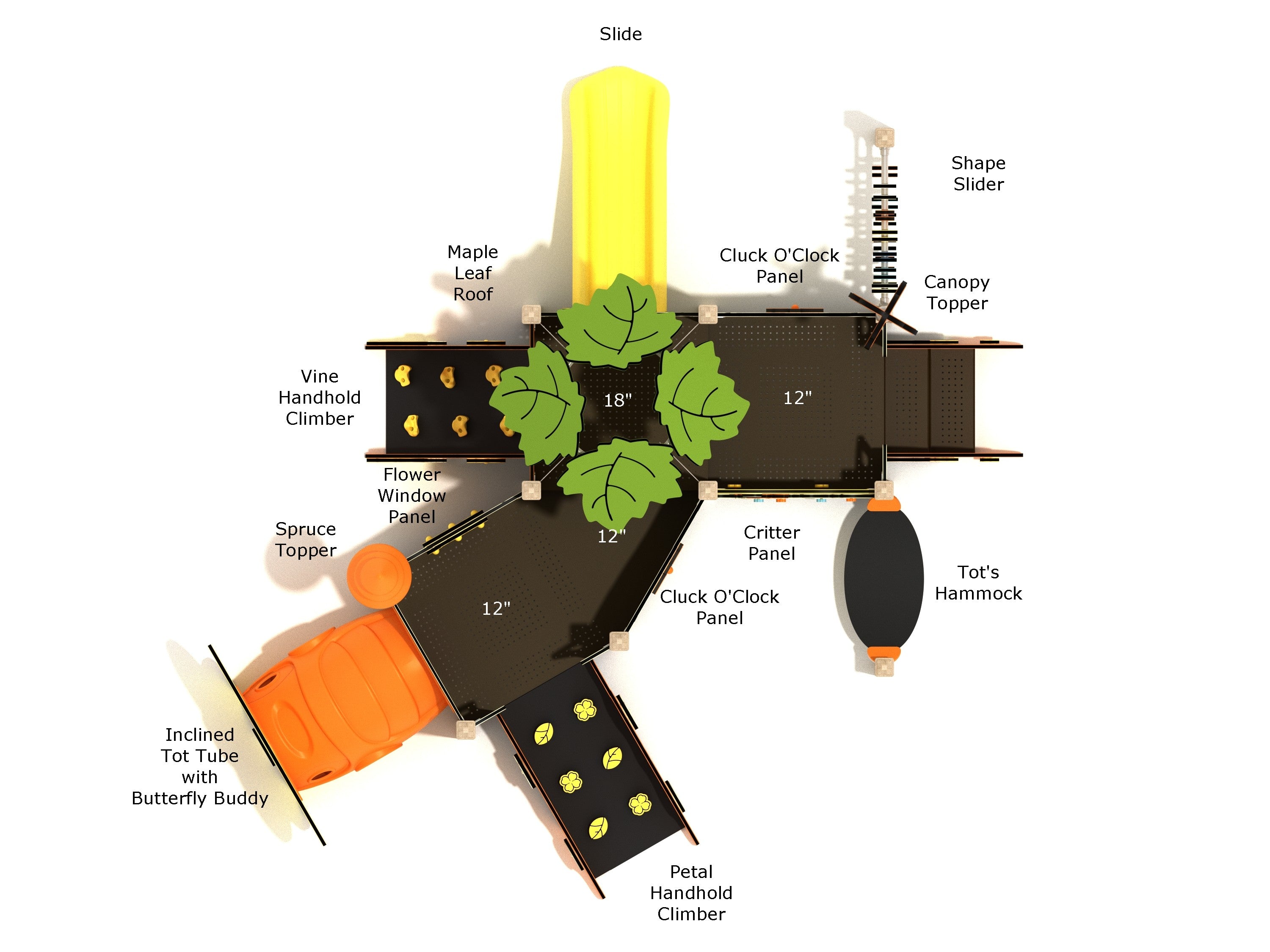 Overhead 3D diagram of the Dogwood Canopy Mini Play Structure with labeled components including slide, maple leaf roof, climbers, and activity panels