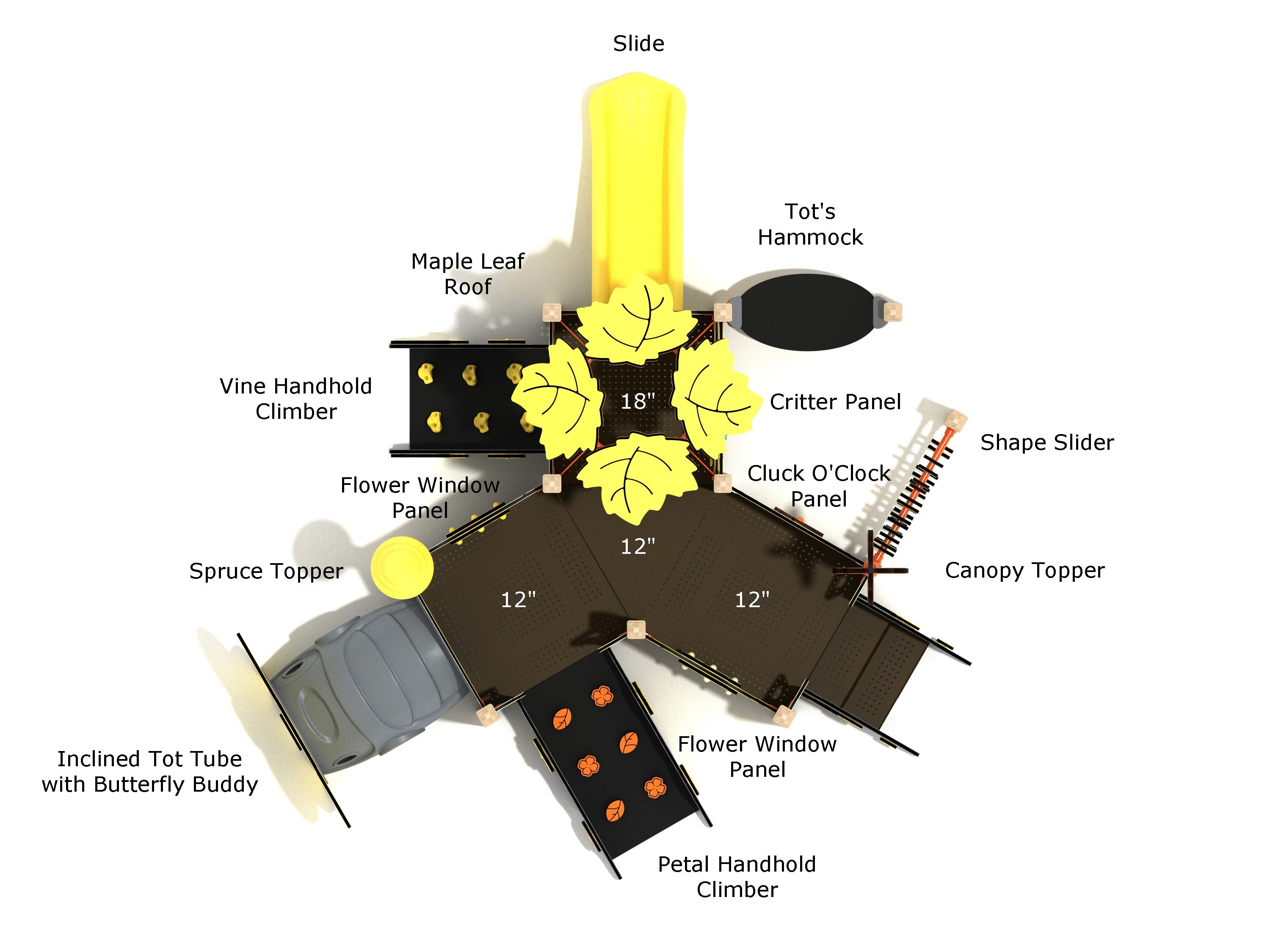 Labeled overhead diagram of the Huckleberry Canopy Mini Play Structure showing slide, tot’s hammock, vine and petal handhold climbers, flower window panels, critter and clock panels, shape slider, canopy topper, and deck heights