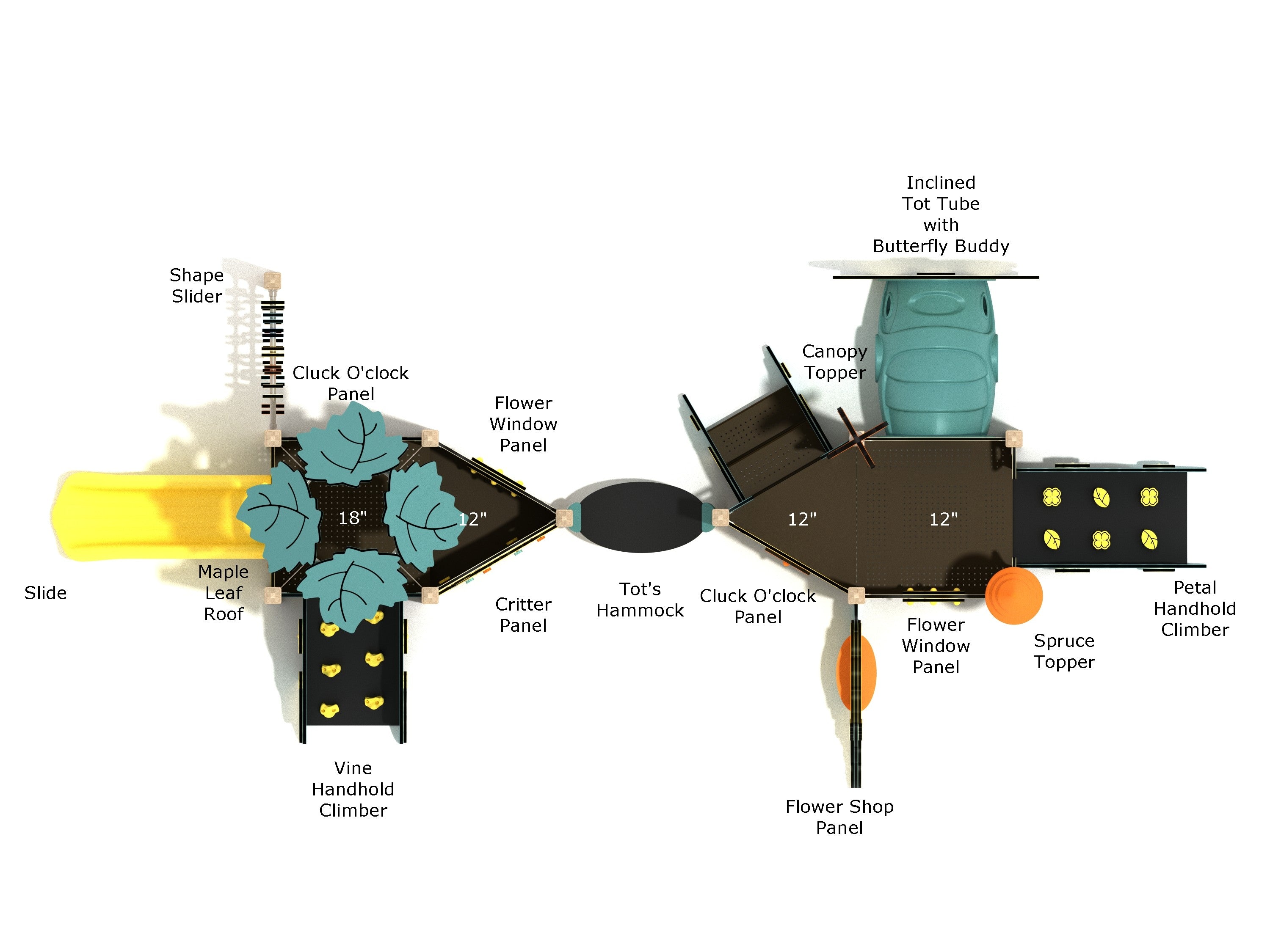 Overhead labeled diagram of the Star Anise Canopy Mini Play Structure with slide, inclined tot tube, panels, and dimensions