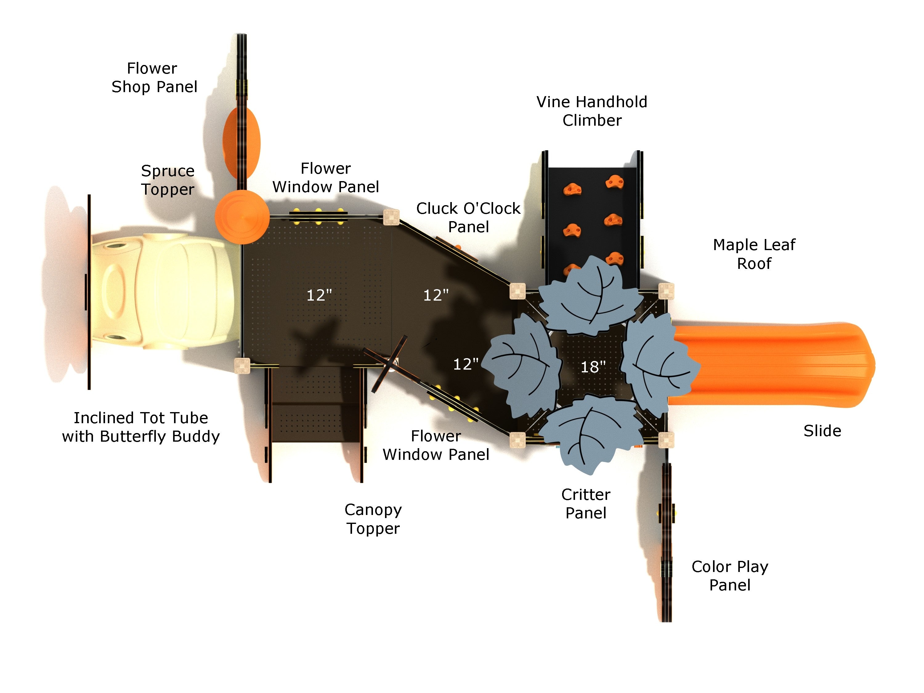 Overhead labeled layout of the Peony Canopy Mini Play Structure showing components like inclined tot tube with butterfly buddy, flower window panels, vine handhold climber, maple leaf roof, and slide