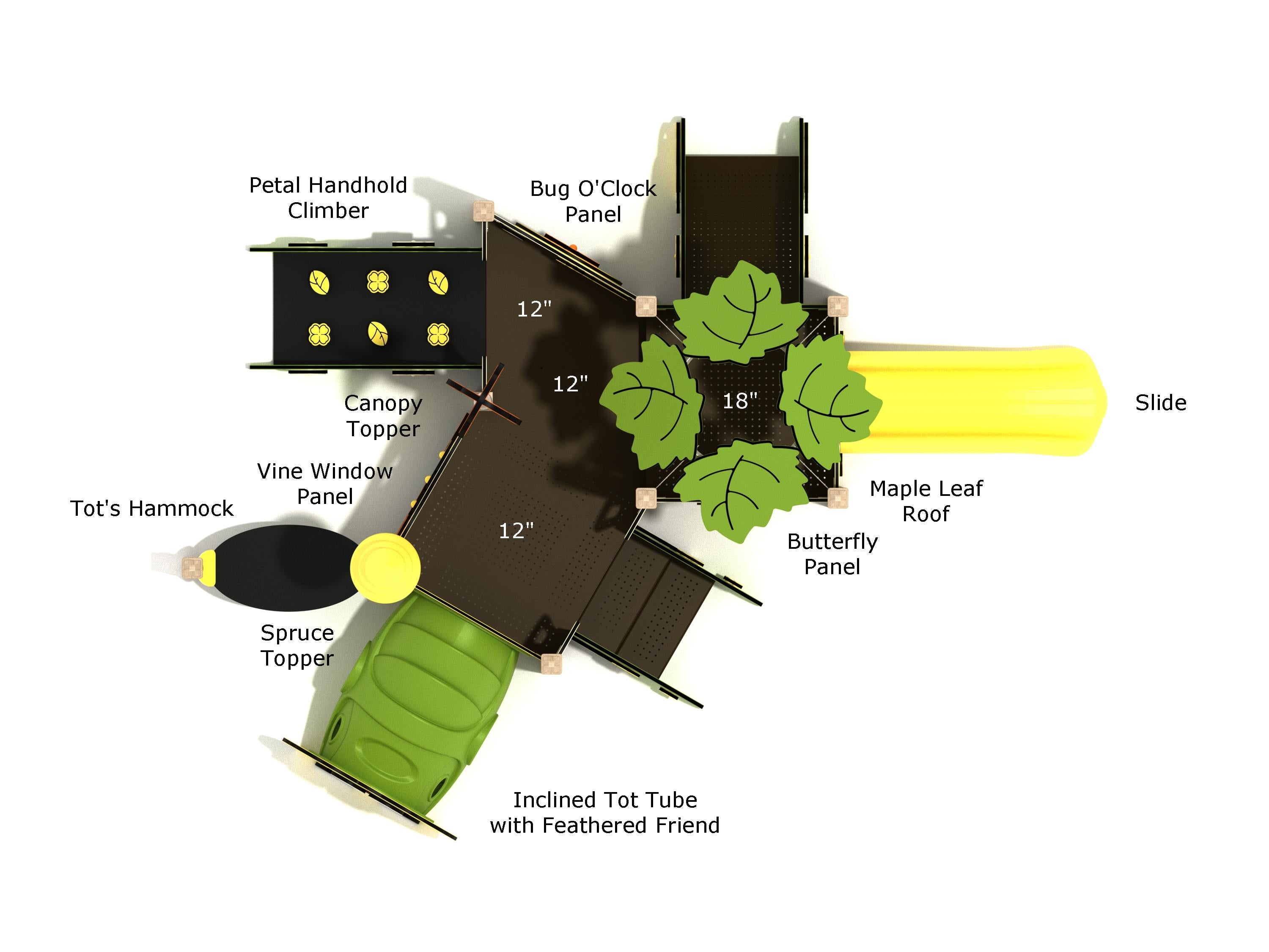 Overhead diagram of Forsythia Canopy Mini Play Structure labeling components such as slide, maple leaf roof, butterfly and bug panels, petal handhold climber, tot’s hammock and deck heights