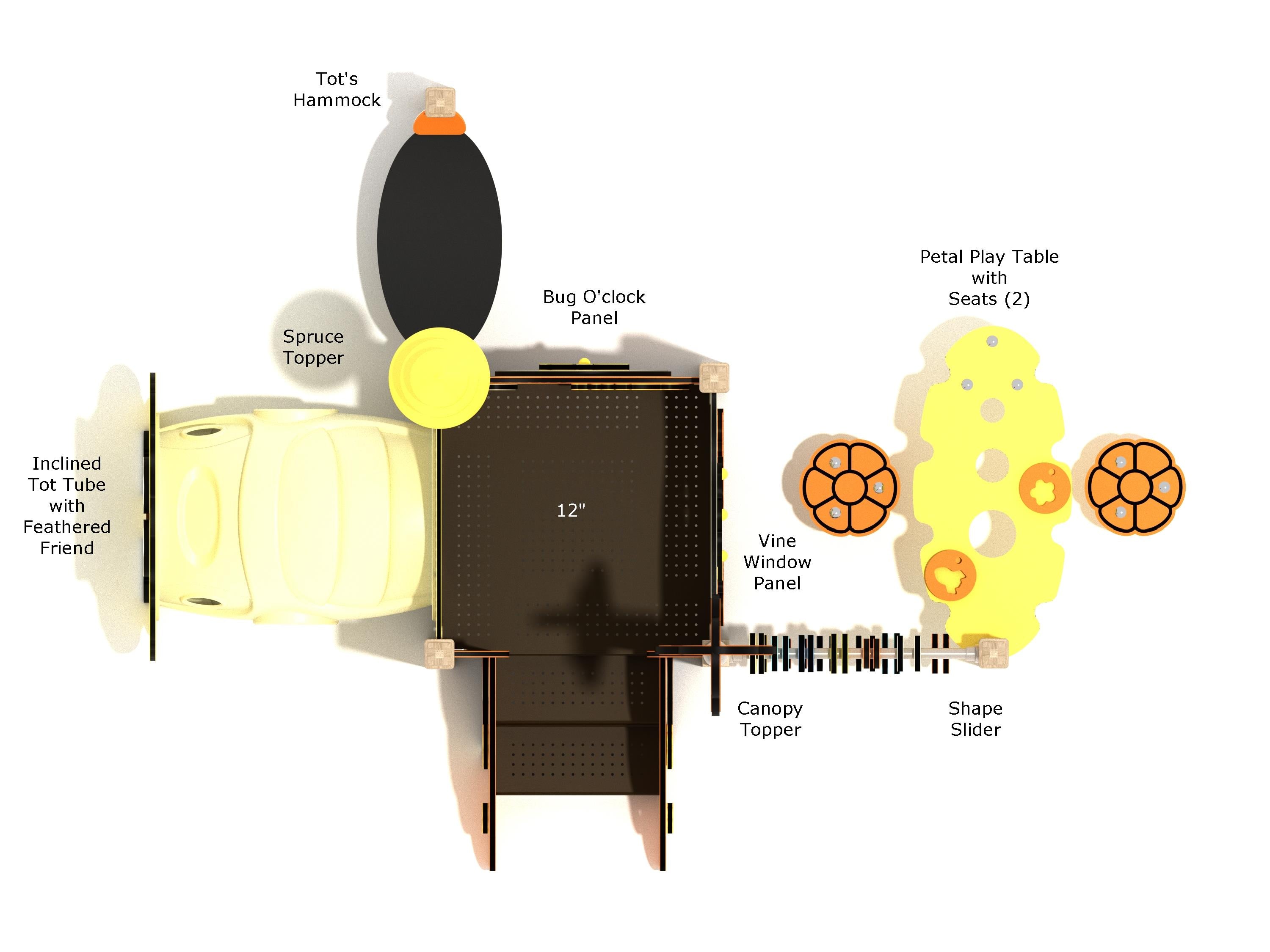 Overhead labeled layout of the Siberian Cypress Canopy Mini Play Structure showing tot tube, panels, abacus, and petal play table
