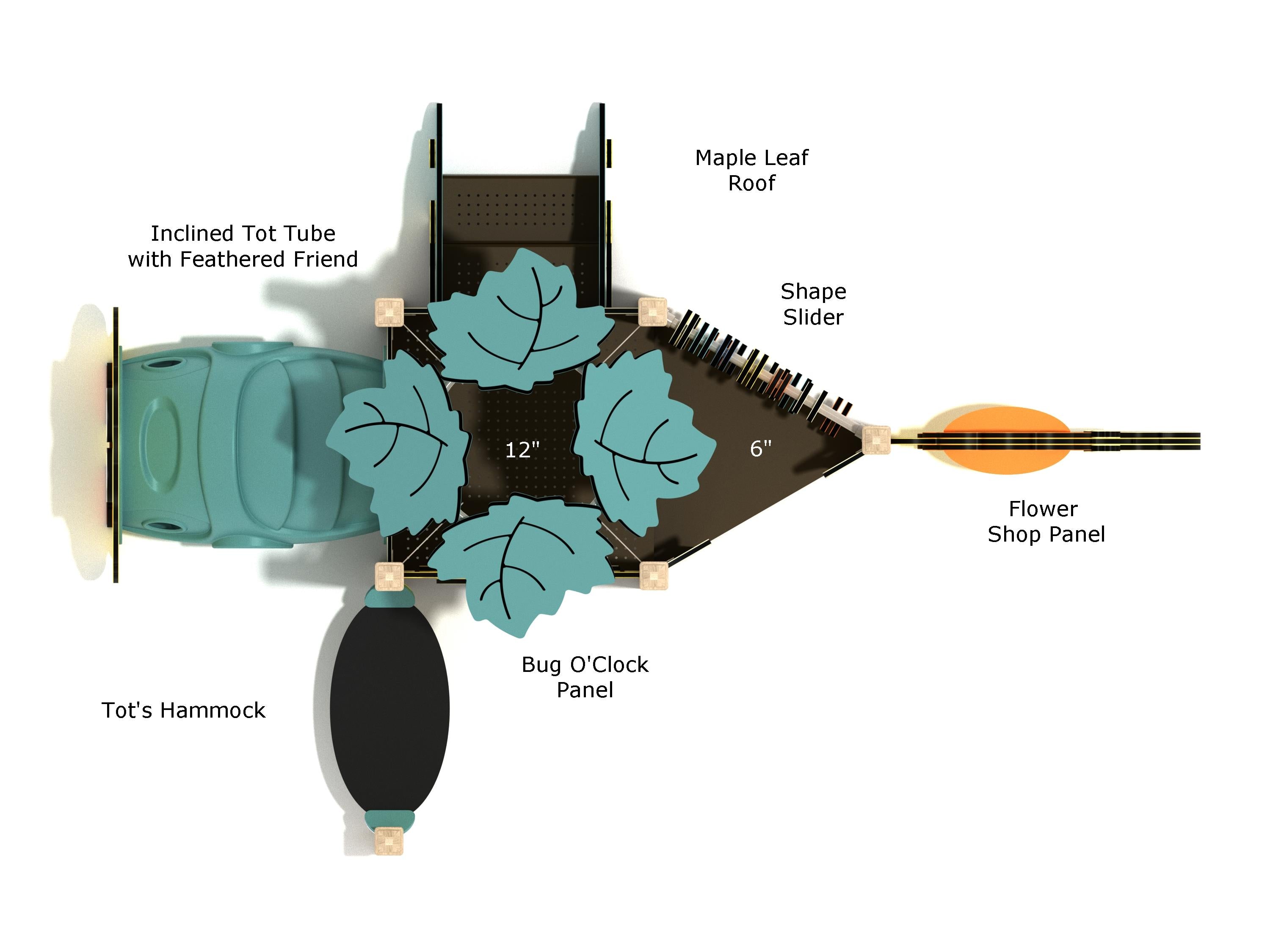 Overhead labeled diagram of Banana Shrub Canopy Mini Play Structure showing maple leaf roof, inclined tot tube, Bug O'Clock panel, shape slider, flower shop panel, tot's hammock, and deck heights 12 inches and 6 inches
