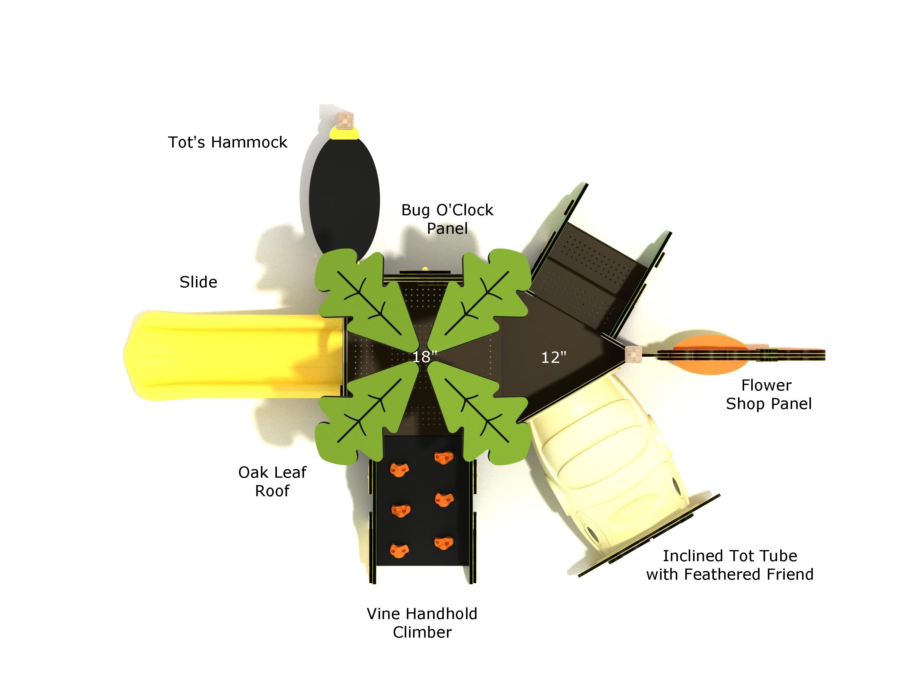 Overhead diagram of Mesquite Canopy Mini Play Structure labeling slide, Bug O’Clock panel, oak leaf roof, vine handhold climber, flower shop panel, and inclined tot tube with dimensions