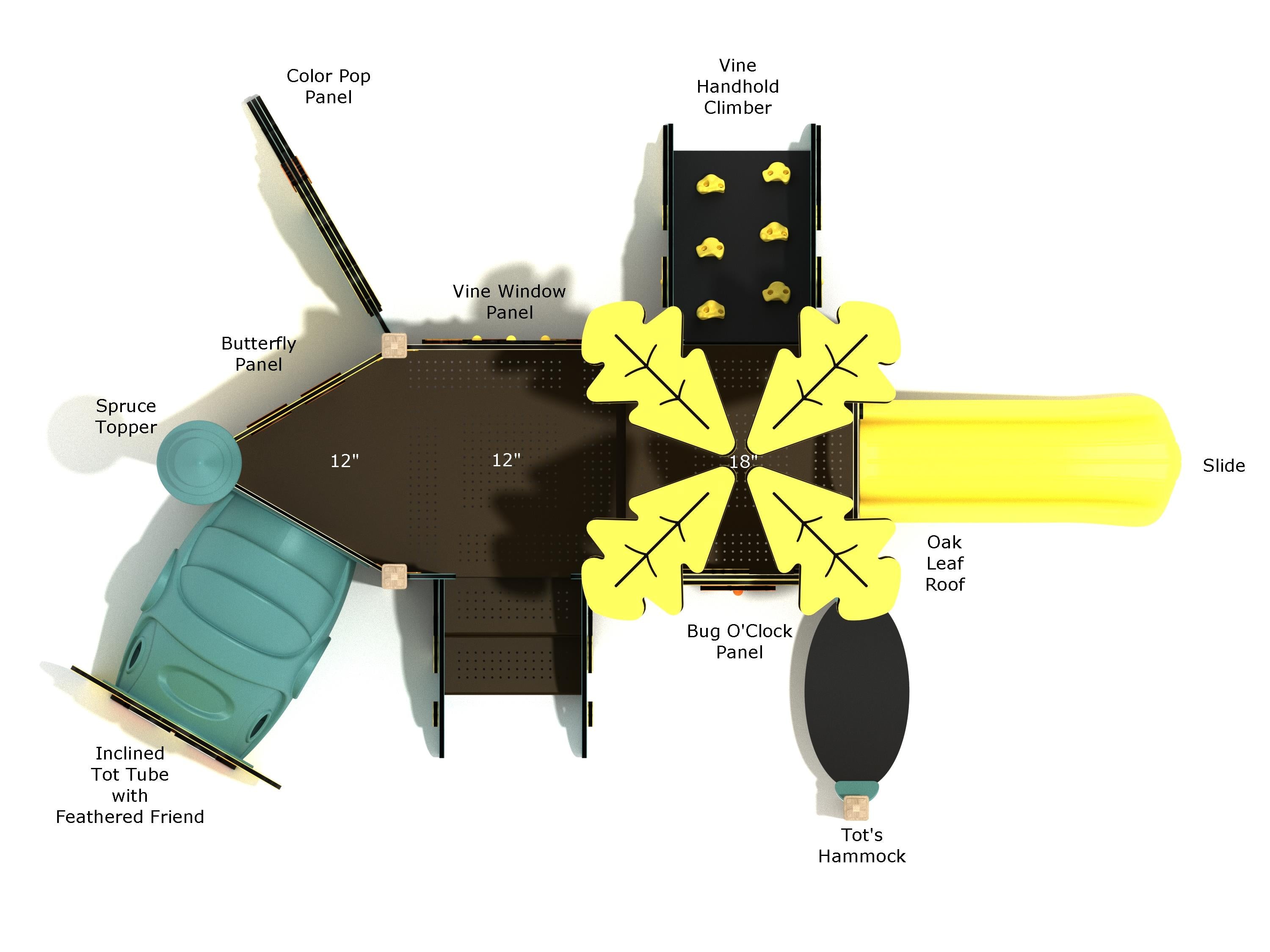 Overhead view of toddler play structure with colorful panels, leaf-shaped canopy, slide, climber, and crawl tunnel