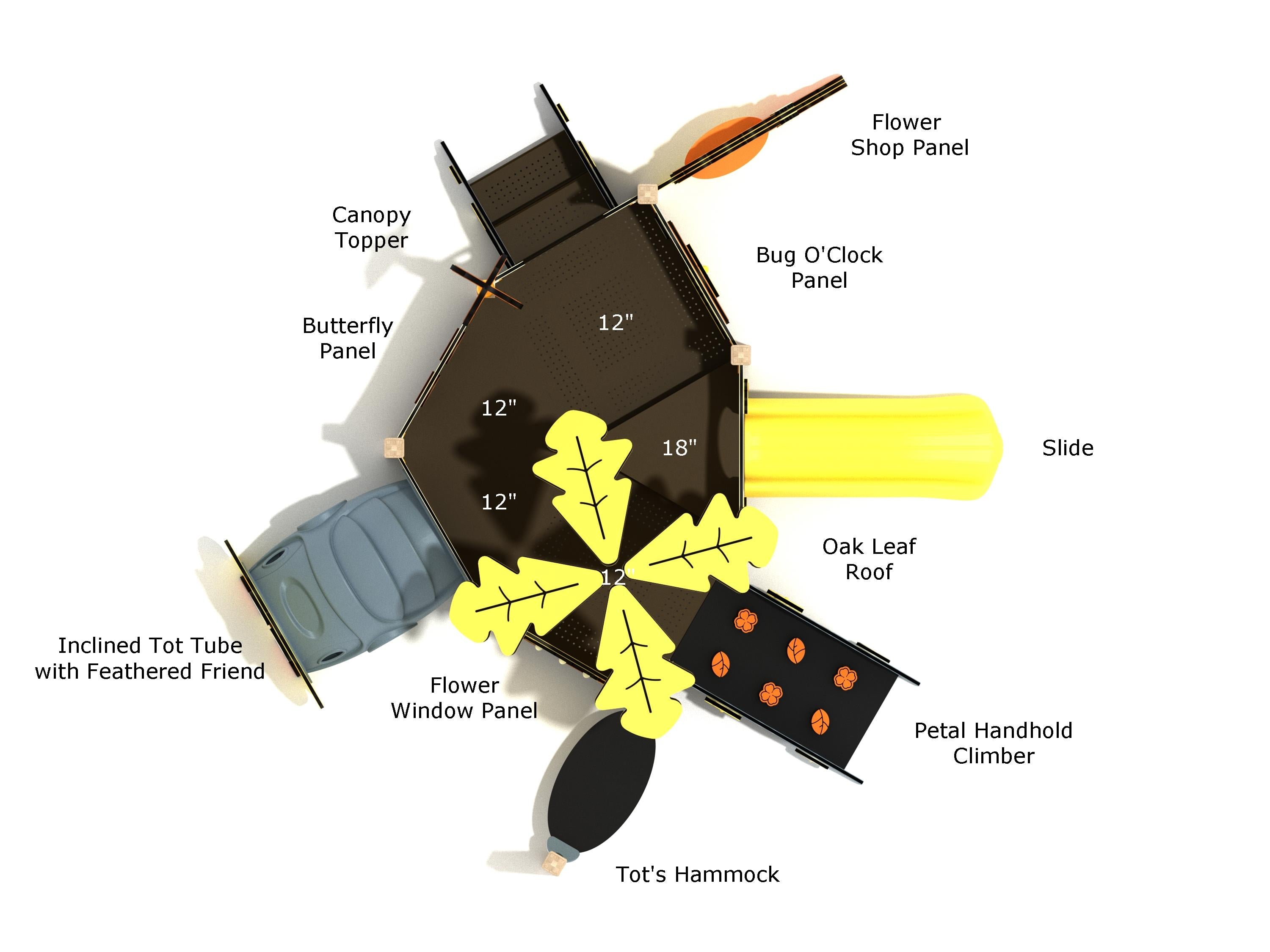 Overhead labeled diagram of Apache Plume Canopy Mini showing slide, inclined tot tube, Tot’s Hammock, various themed panels, and 12"/18" deck heights