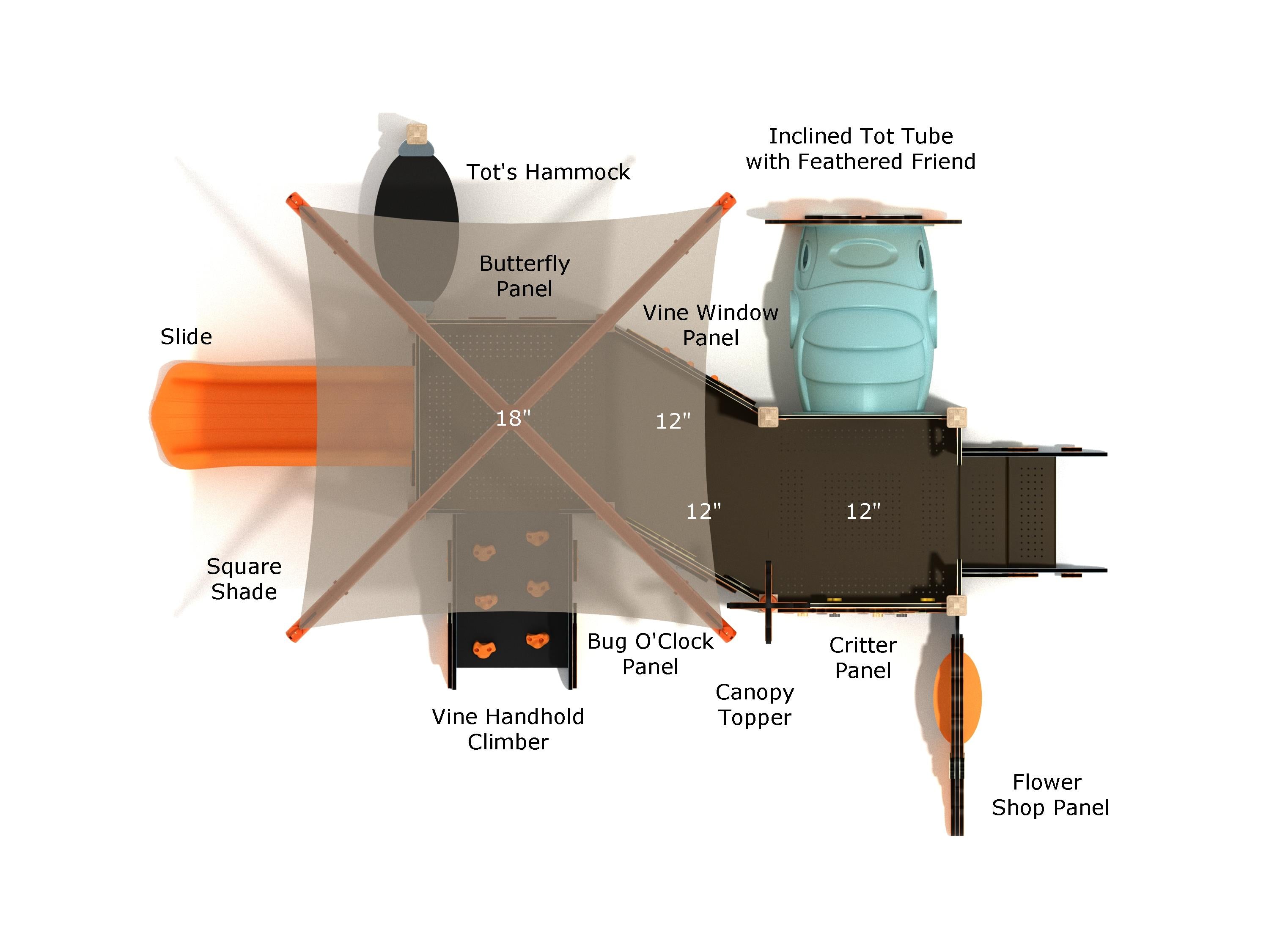 Top-down diagram labeling features including square shade, slide, tot’s hammock, inclined tot tube with owl, and themed activity panels