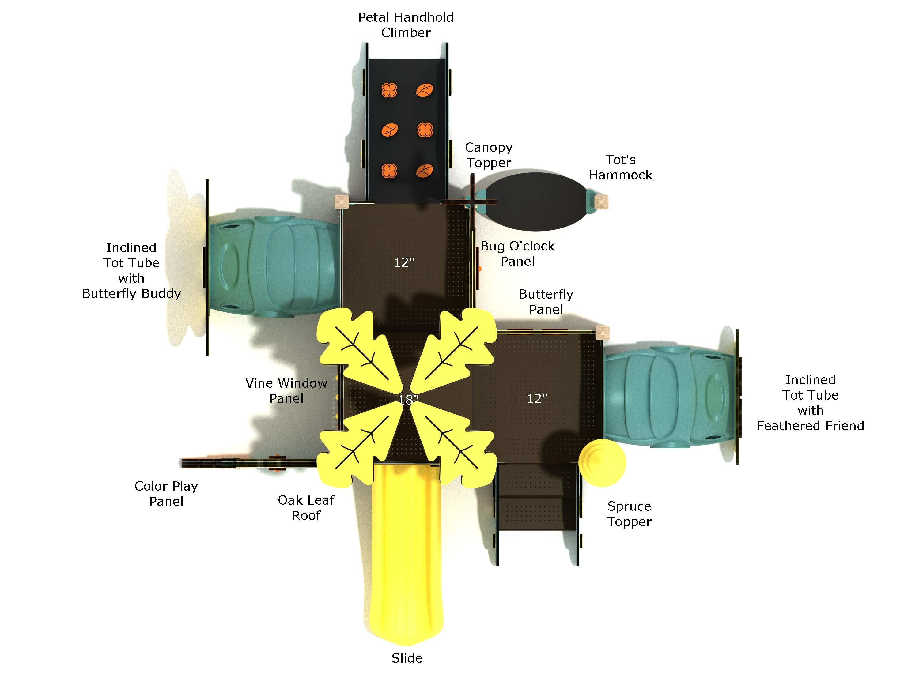 Overhead diagram of the Sage Canopy Mini Play Structure labeling features like petal handhold climber, tot’s hammock, inclined tot tubes, slide and oak leaf roof