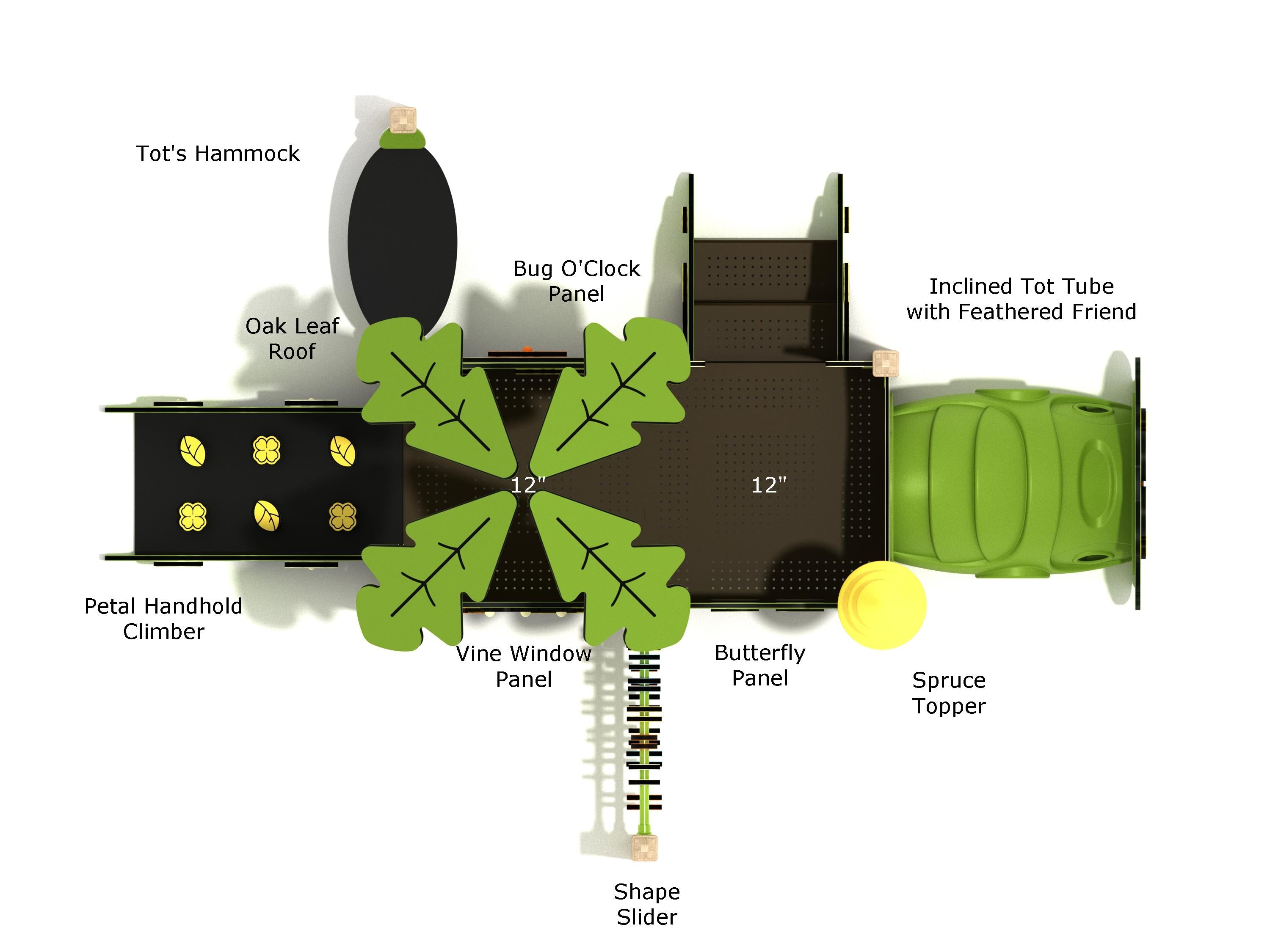Overhead labeled diagram of the Heather Canopy Mini Play Structure highlighting oak leaf roof, Bug O’Clock panel, inclined tot tube with feathered friend, petal handhold climber, vine window panel, butterfly panel, spruce topper, and shape slider with a 12-inch deck height.