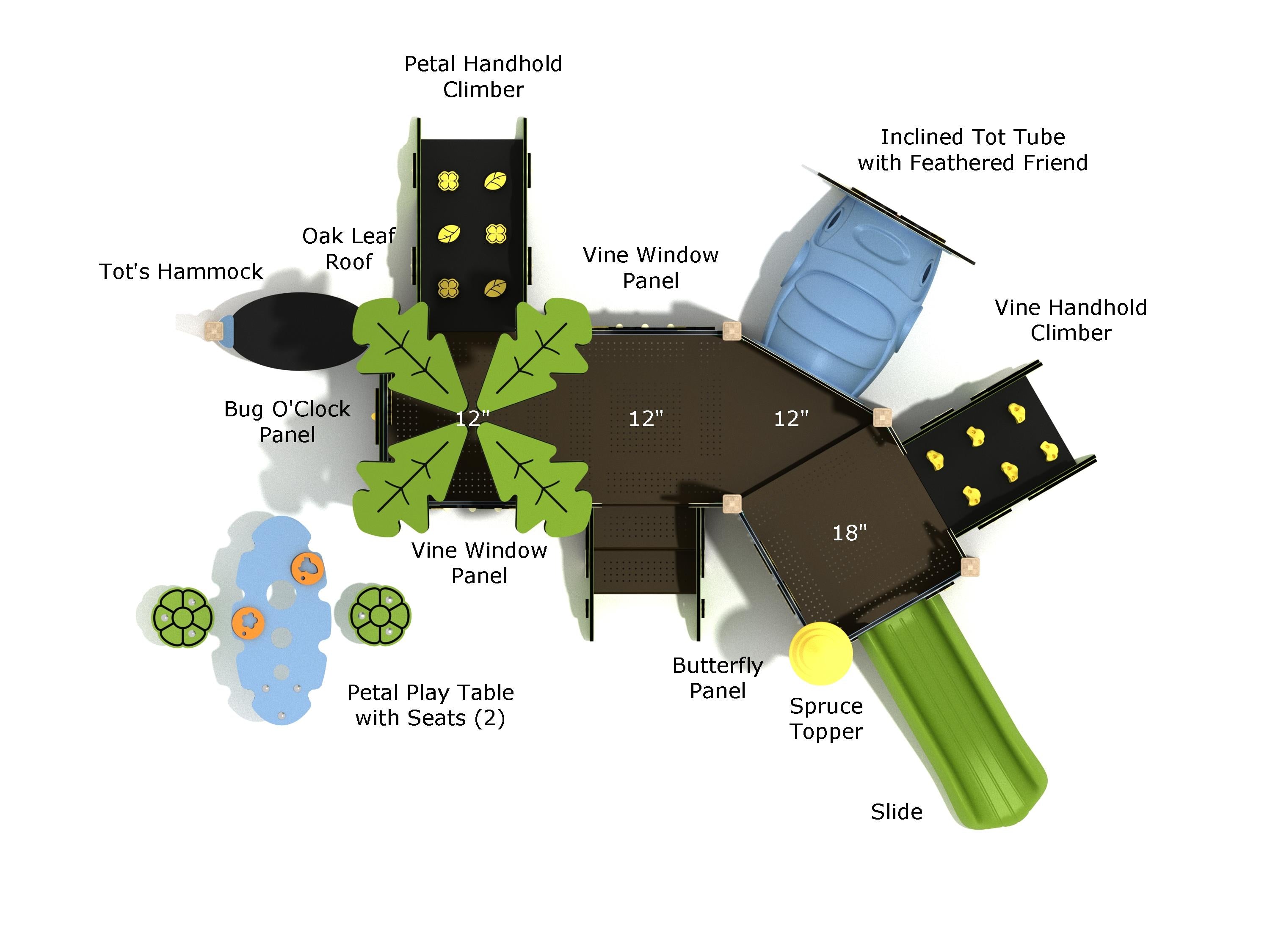 Top-down labeled layout of the Barberry Canopy Mini Play Structure showing slide, inclined tot tube, vine and butterfly panels, petal handhold climbers, tot’s hammock, play table, and platform heights (12" and 18").