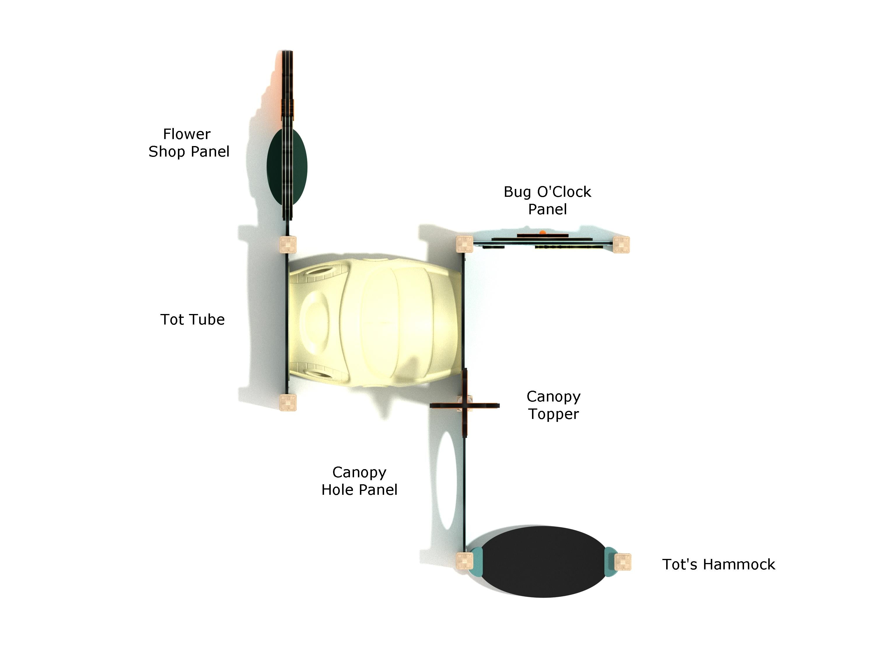 Overhead labeled diagram of the Juniper Canopy Mini Play Structure highlighting Flower Shop Panel, Tot Tube, Bug O'Clock Panel, Canopy Hole Panel, Canopy Topper, and Tot’s Hammock