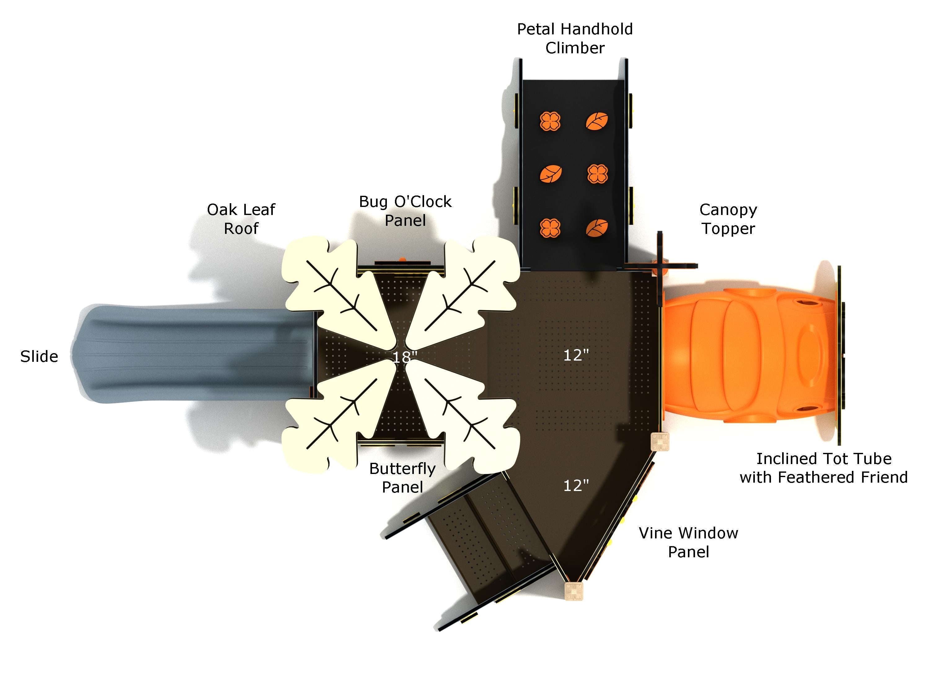 Overhead diagram of Thyme Canopy Mini Play Structure with labeled slide, Bug O’Clock panel, petal handhold climber, and inclined tot tube