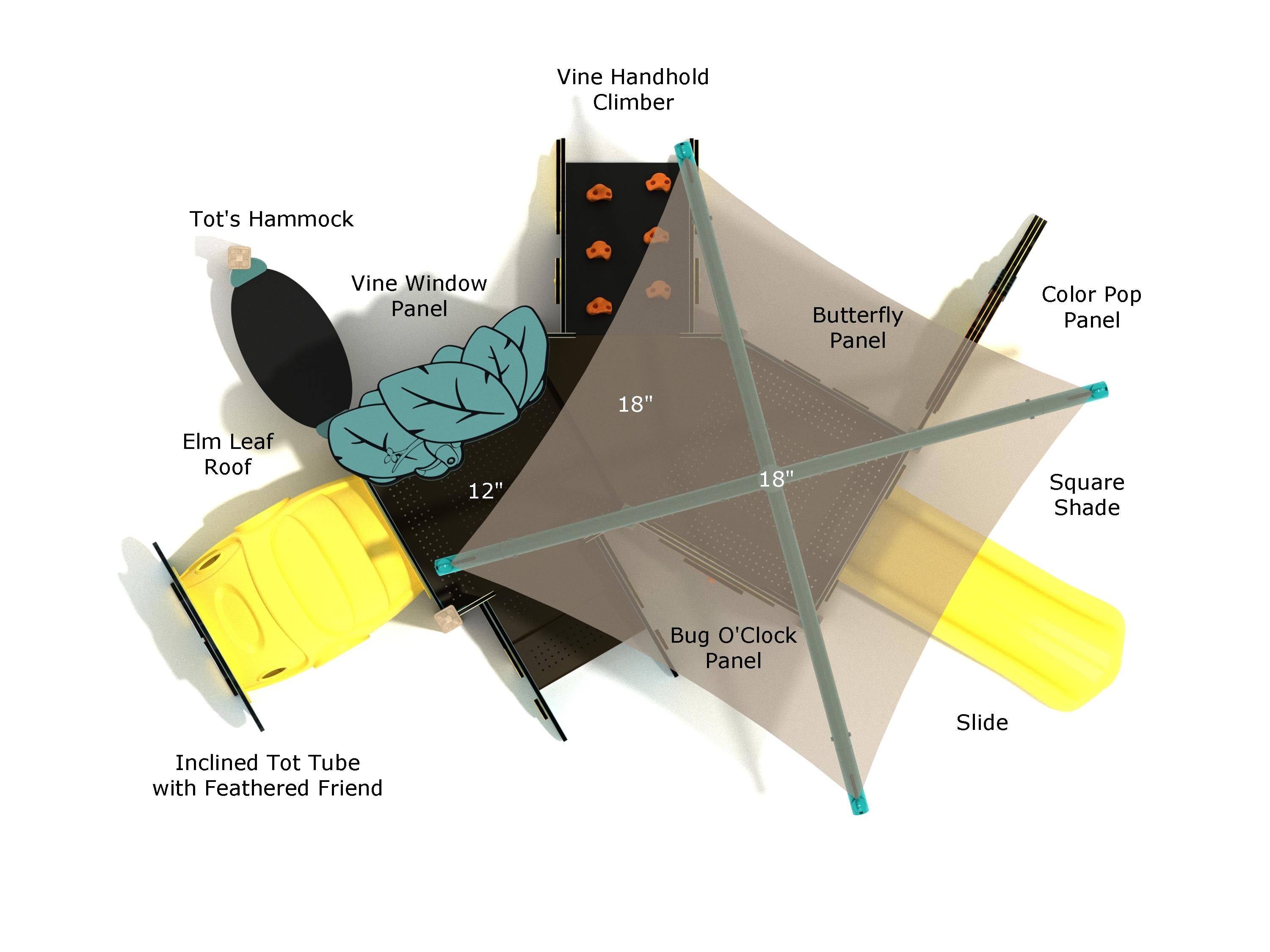 Overhead labeled view of Oleander Canopy Mini Play Structure highlighting square shade, slide, Bug O’Clock panel, inclined tot tube, vine handhold climber, and 12"/18" deck heights