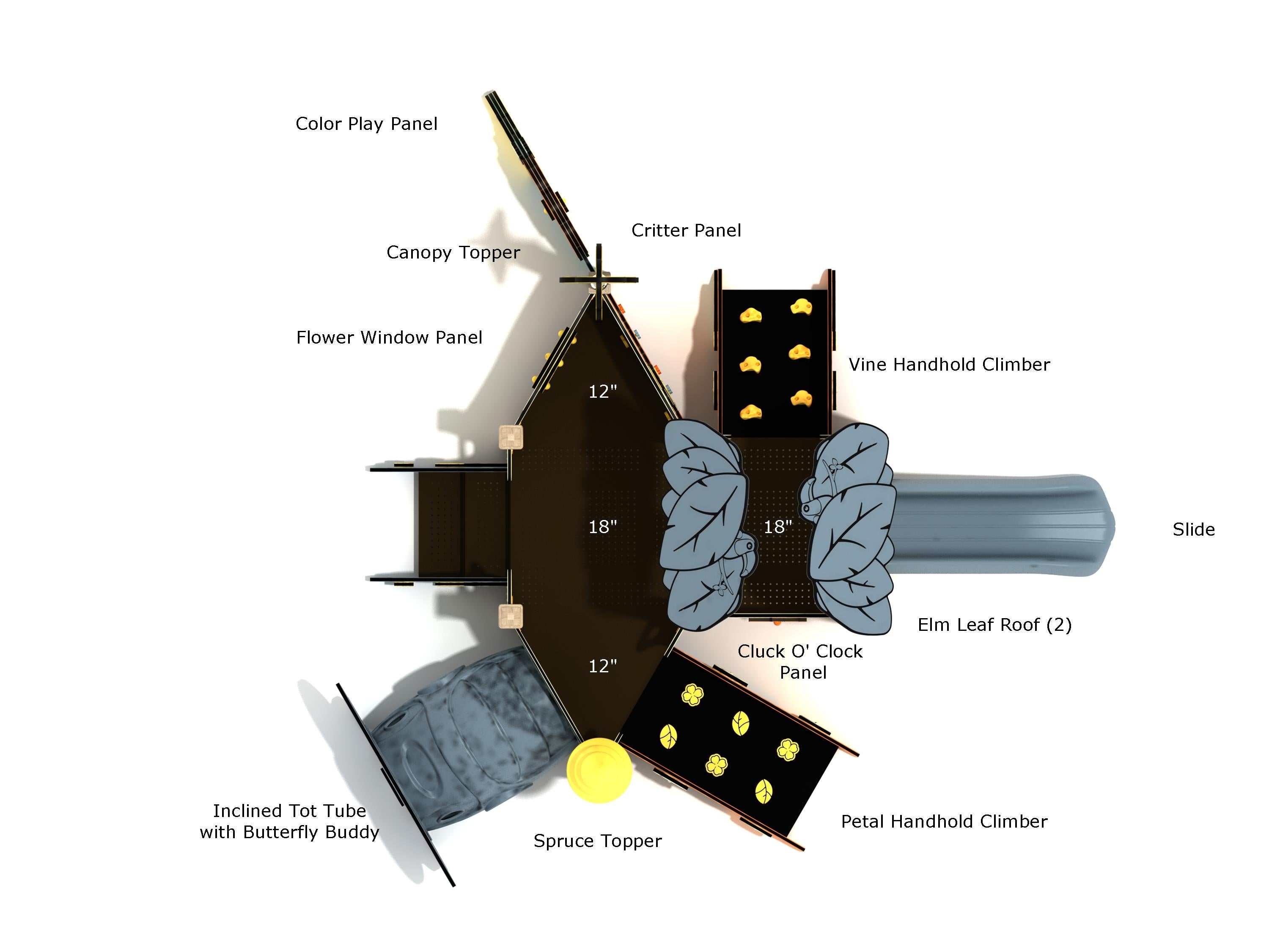 Overhead labeled diagram of the Gardenia Canopy Mini Play Structure showing slide, inclined tot tube, climbers, panels, and platform heights