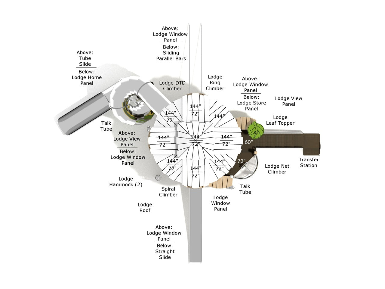 Overhead diagram of Florida Elm listing slides, climbers, transfer station, and panels