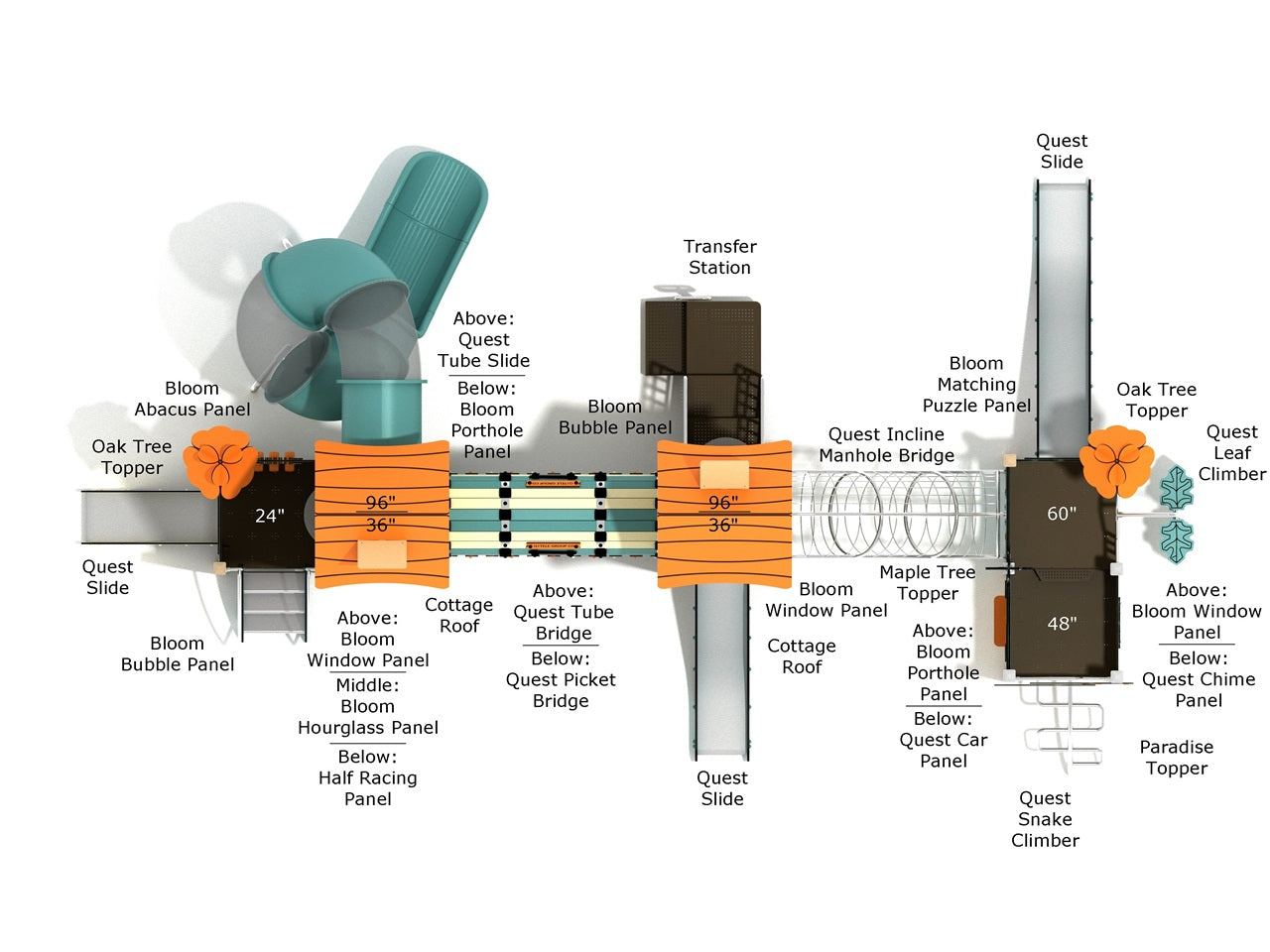 Overhead labeled diagram of Sugarberry Canopy Quest with slides, bridges, panels, and climbers