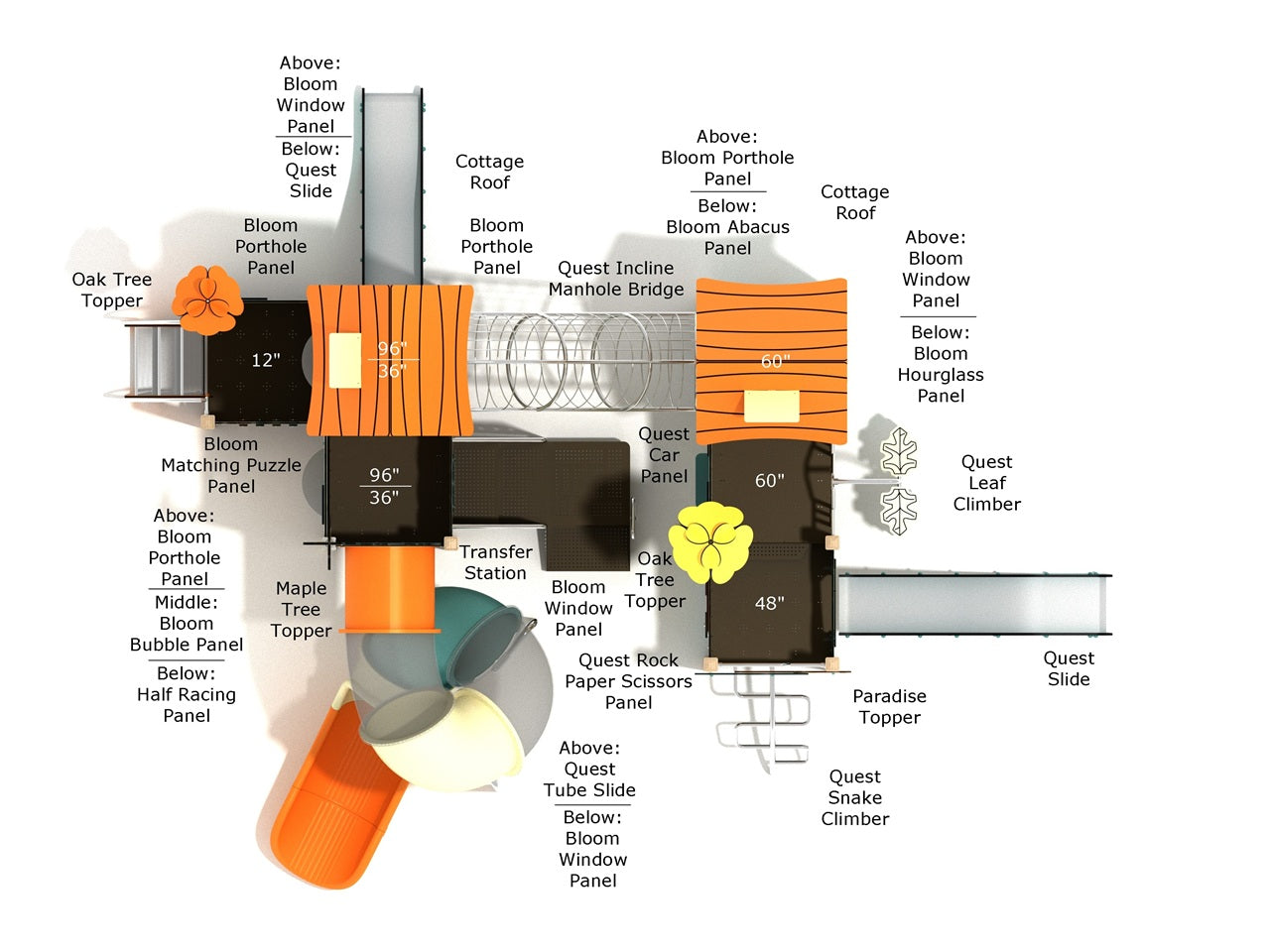 Overhead labeled diagram of Red Mulberry playground features and components