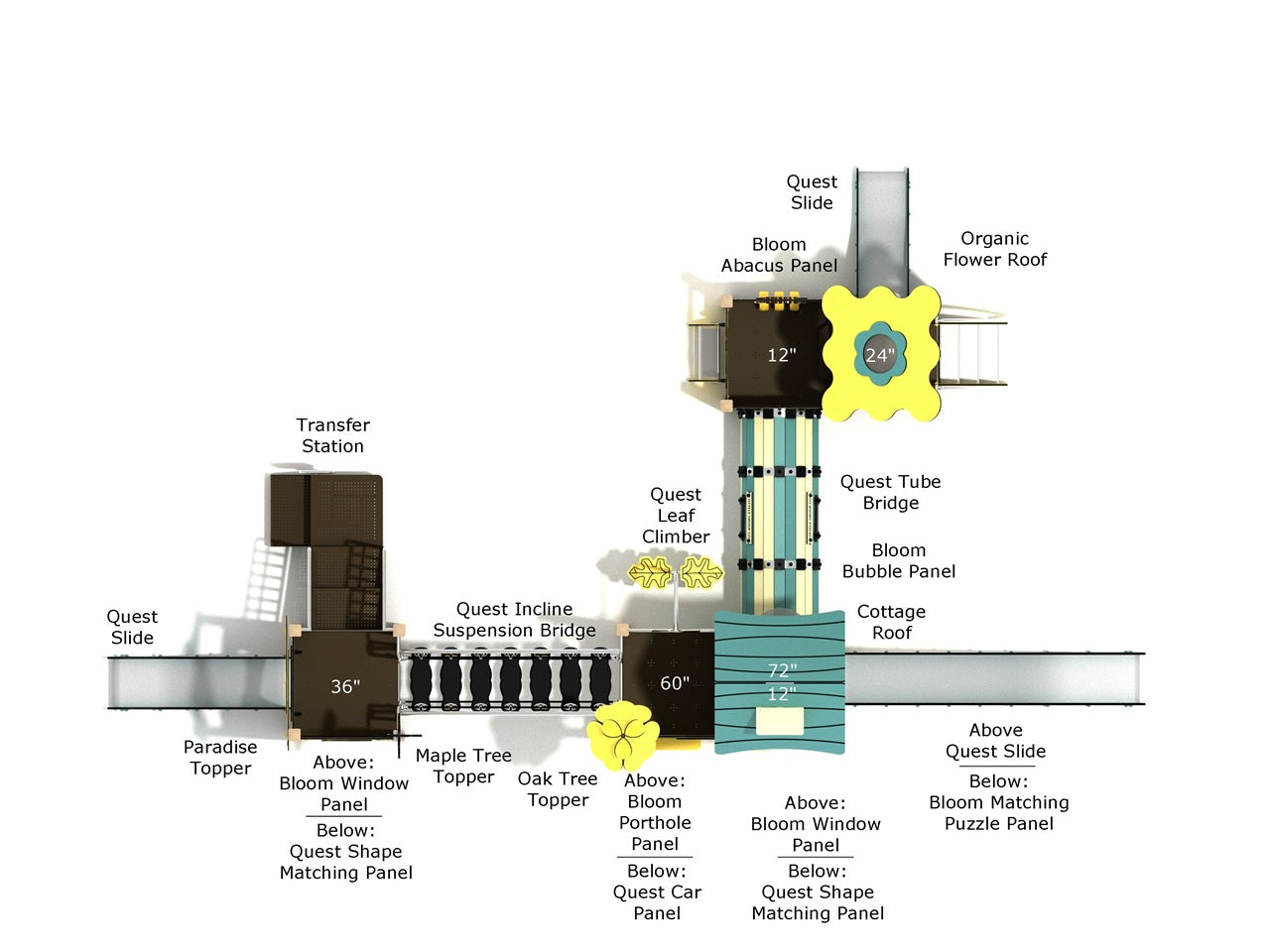 Overhead diagram of Quaking Aspen Canopy Quest with labeled play components and slides
