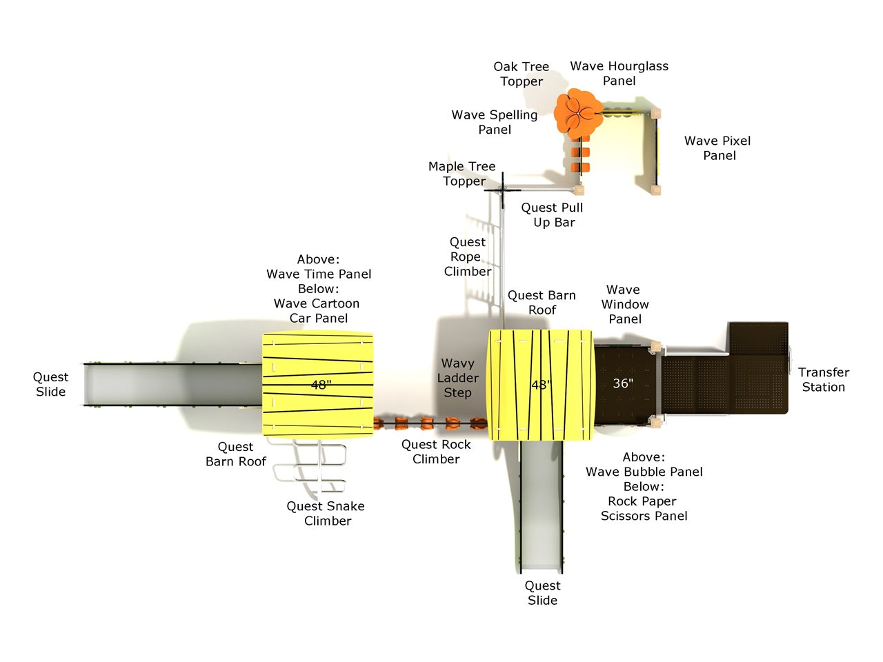 Overhead diagram labeling decks, Quest Slides, climbers, panels, and transfer station