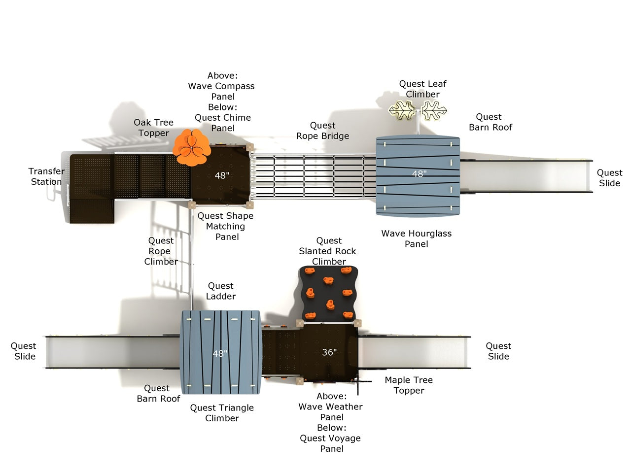 Overhead labeled diagram of Texas Sugarberry play structure features and slides