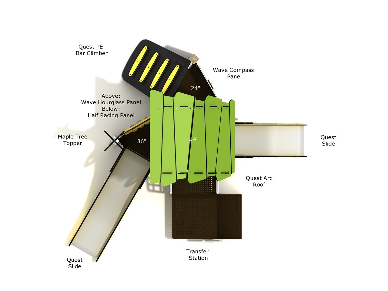 Overhead diagram labeling dual Quest Slides, transfer station, roof, and panels