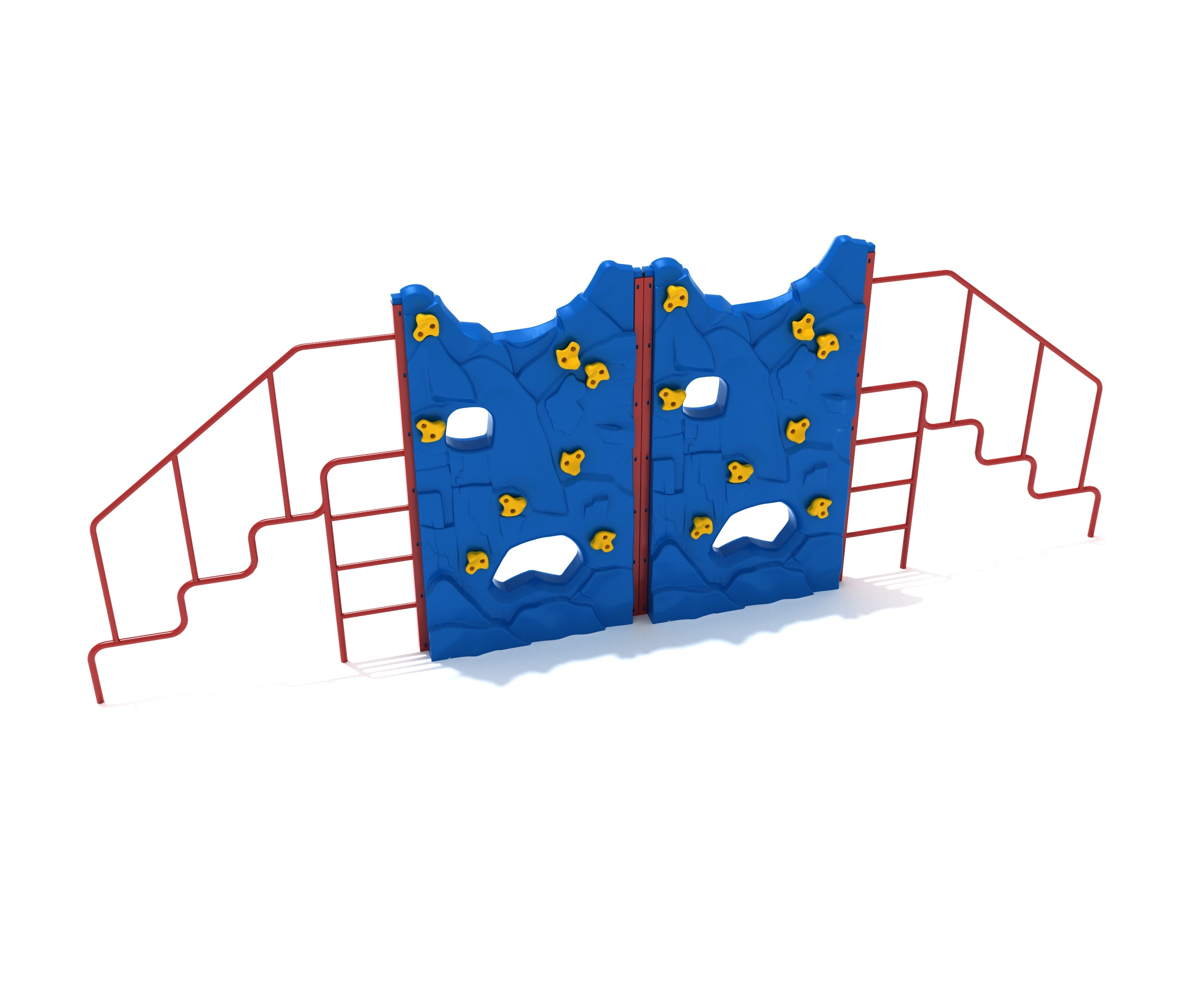 Blue dual climbing walls with yellow holds, red side rail ladders, and sculpted cutout windows for active playground climbing.