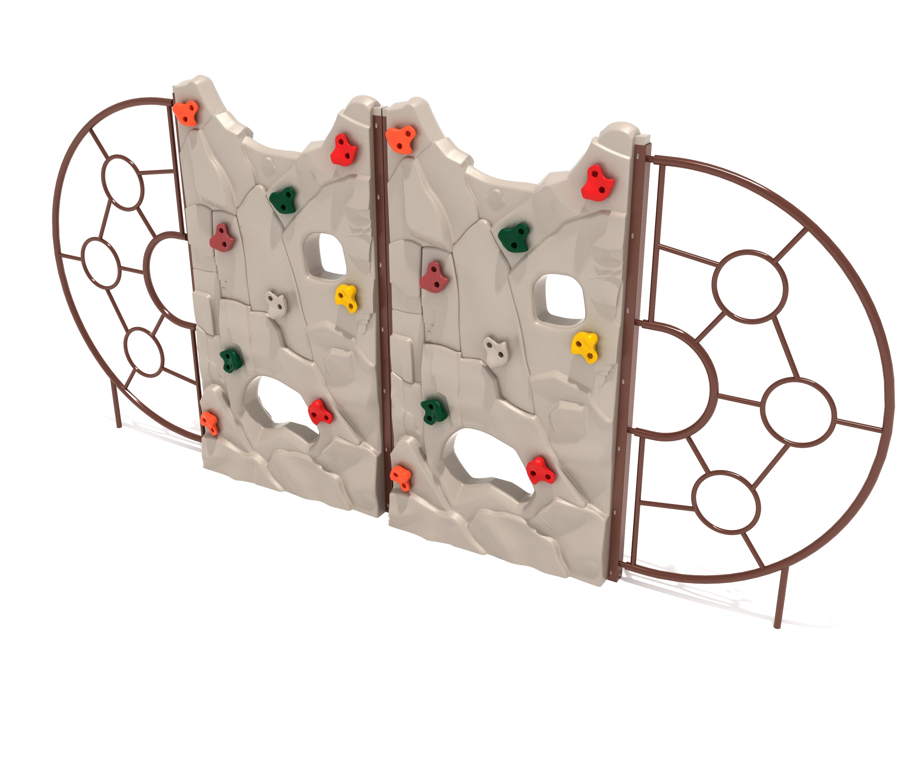 Freestanding climbing wall with sculpted rock panels, colorful handholds, and circular metal end rails for active play