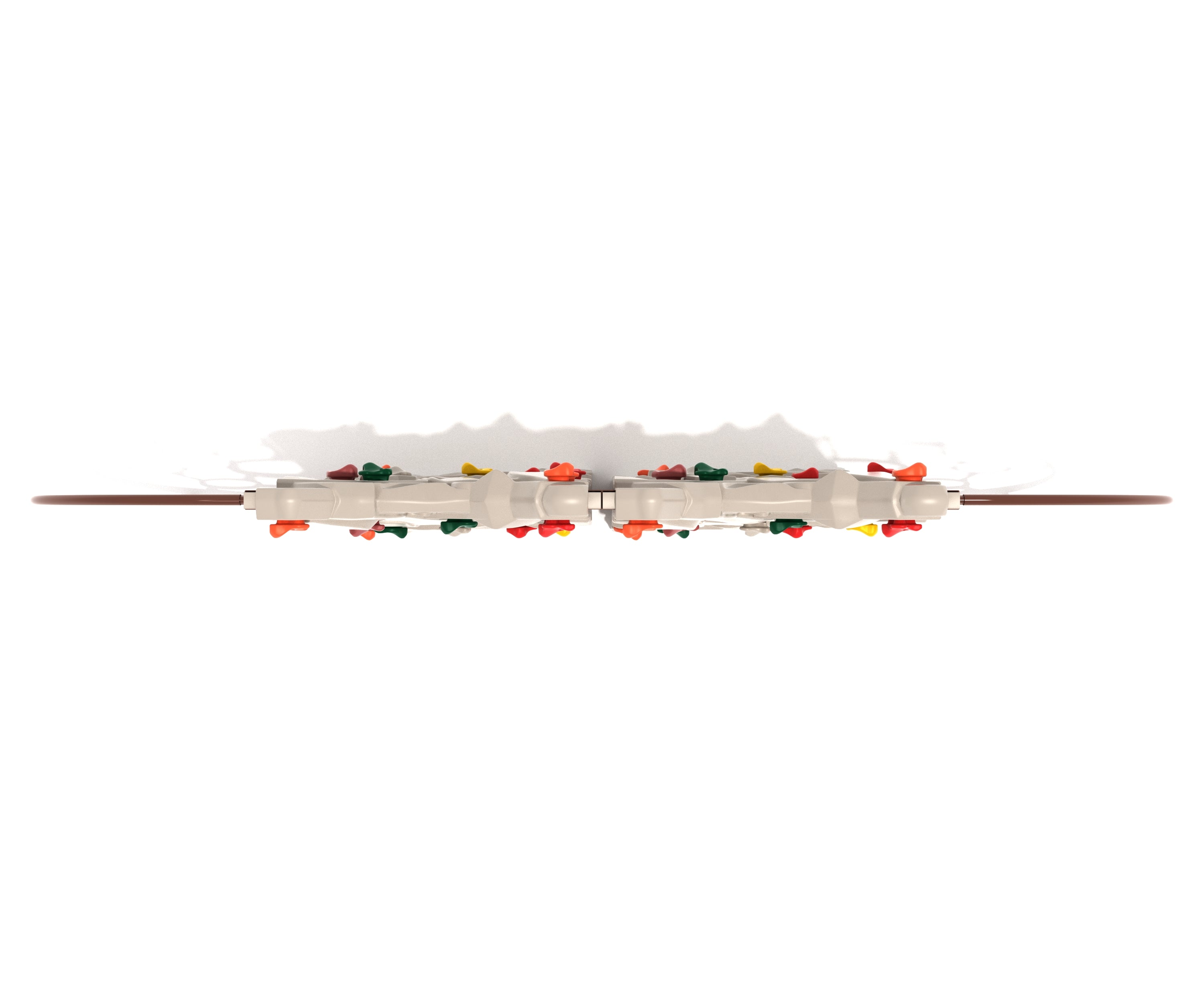 Overhead view of freestanding climbing wall with sculpted beige panels, colorful handholds, and circular end rails