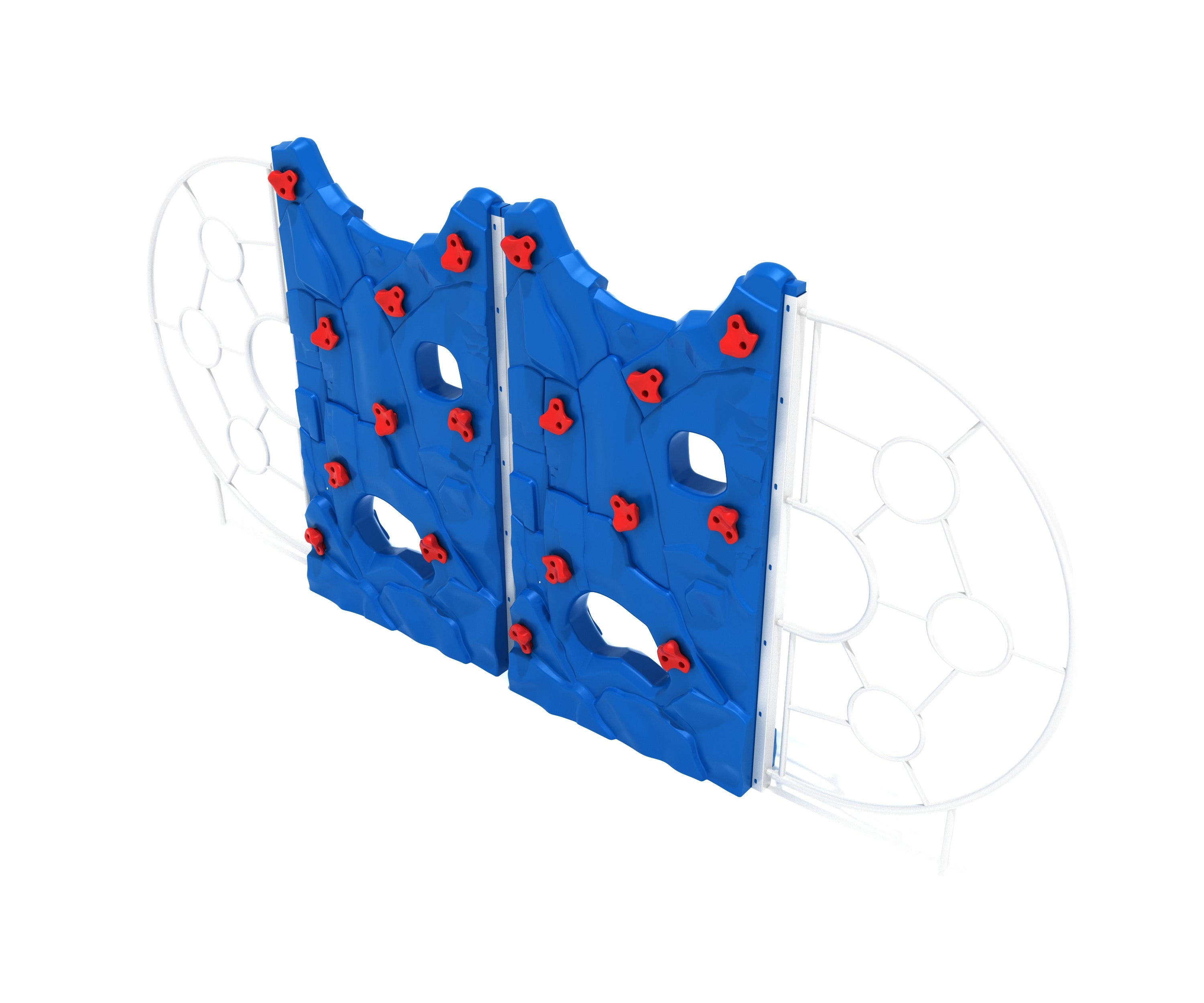 Blue freestanding climbing wall with red handholds and white circular end rails for outdoor play and strength building