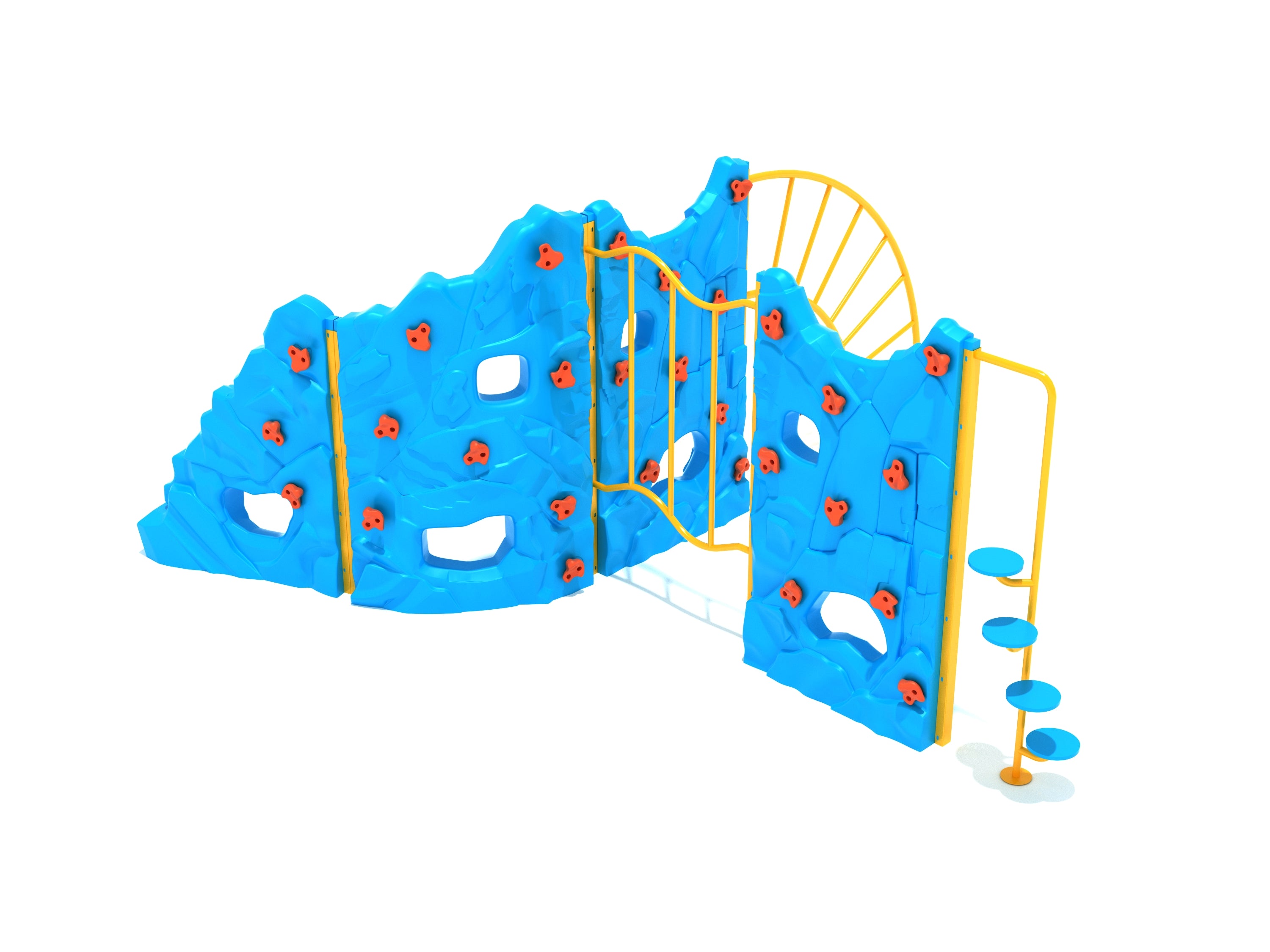 Blue four-panel climbing structure with orange handholds, yellow arch ladder, and circular stepper for playground activity
