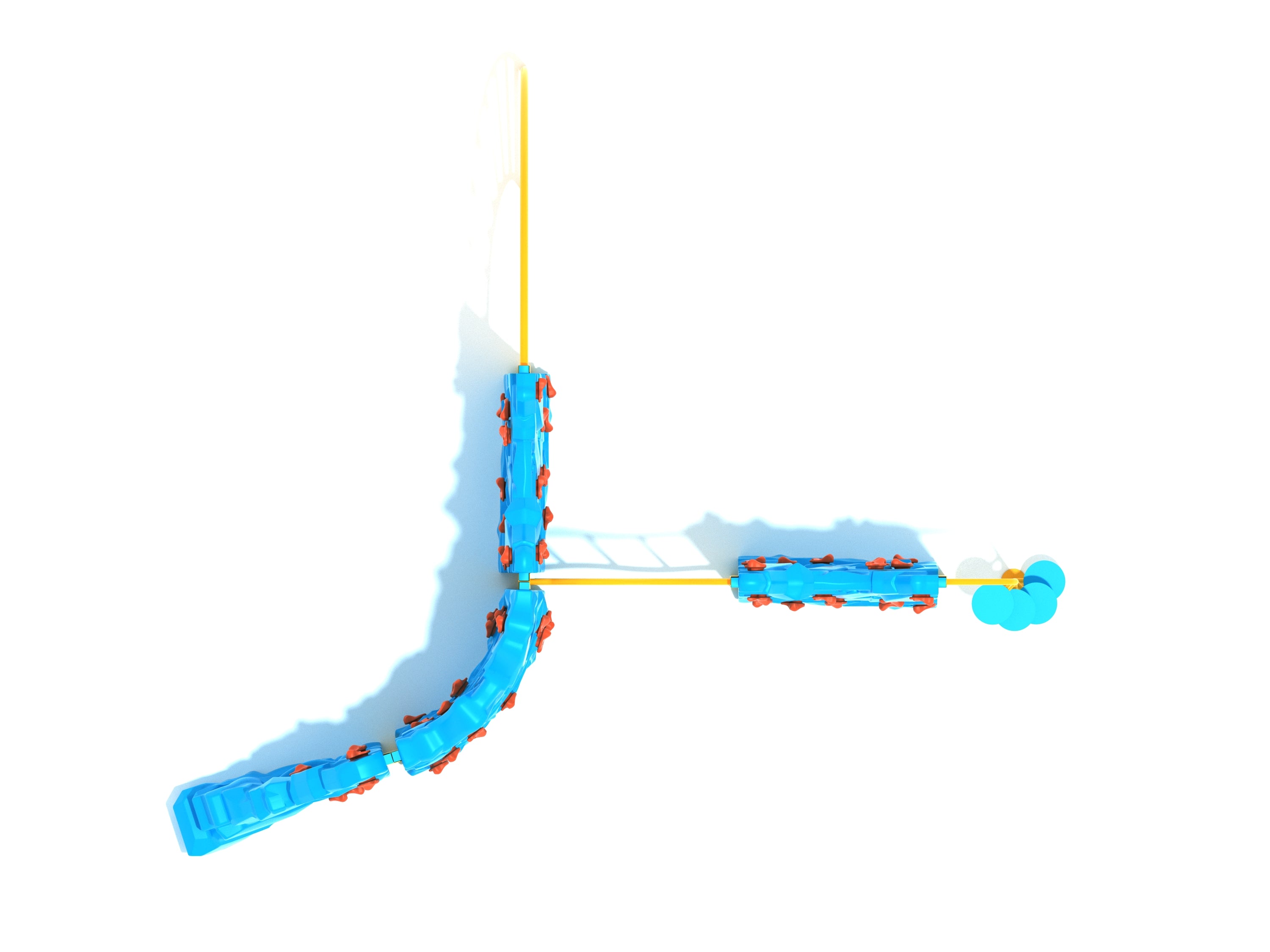 Overhead view of a four-panel playground climber with blue rock panels, orange handholds, yellow frame, and circular blue stepping disks