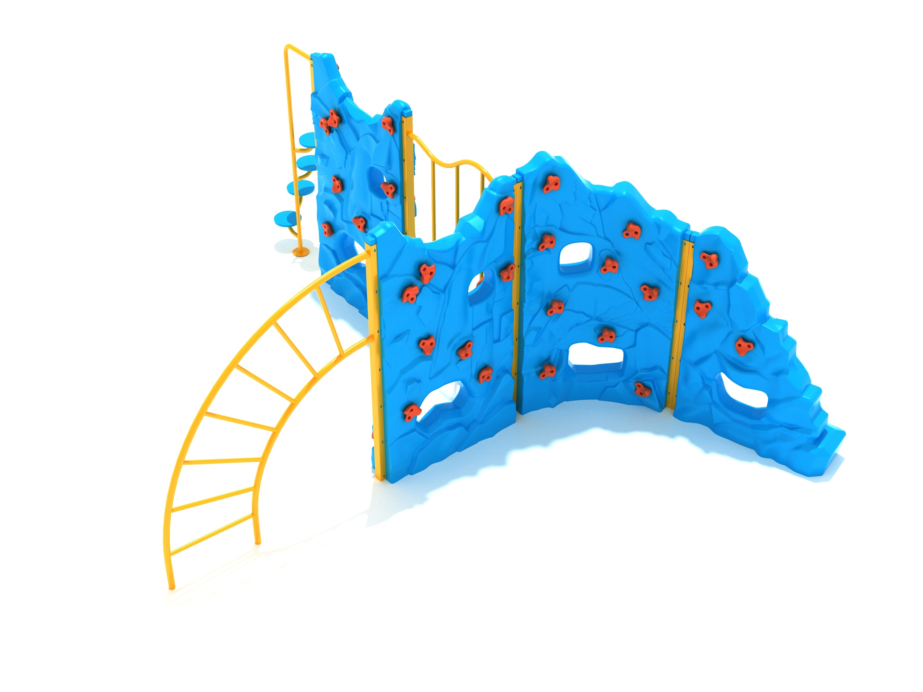 Four Panel Craggy Flats Climber with blue rock-inspired walls, orange handholds, yellow arch ladder, and disk stepper playground equipment