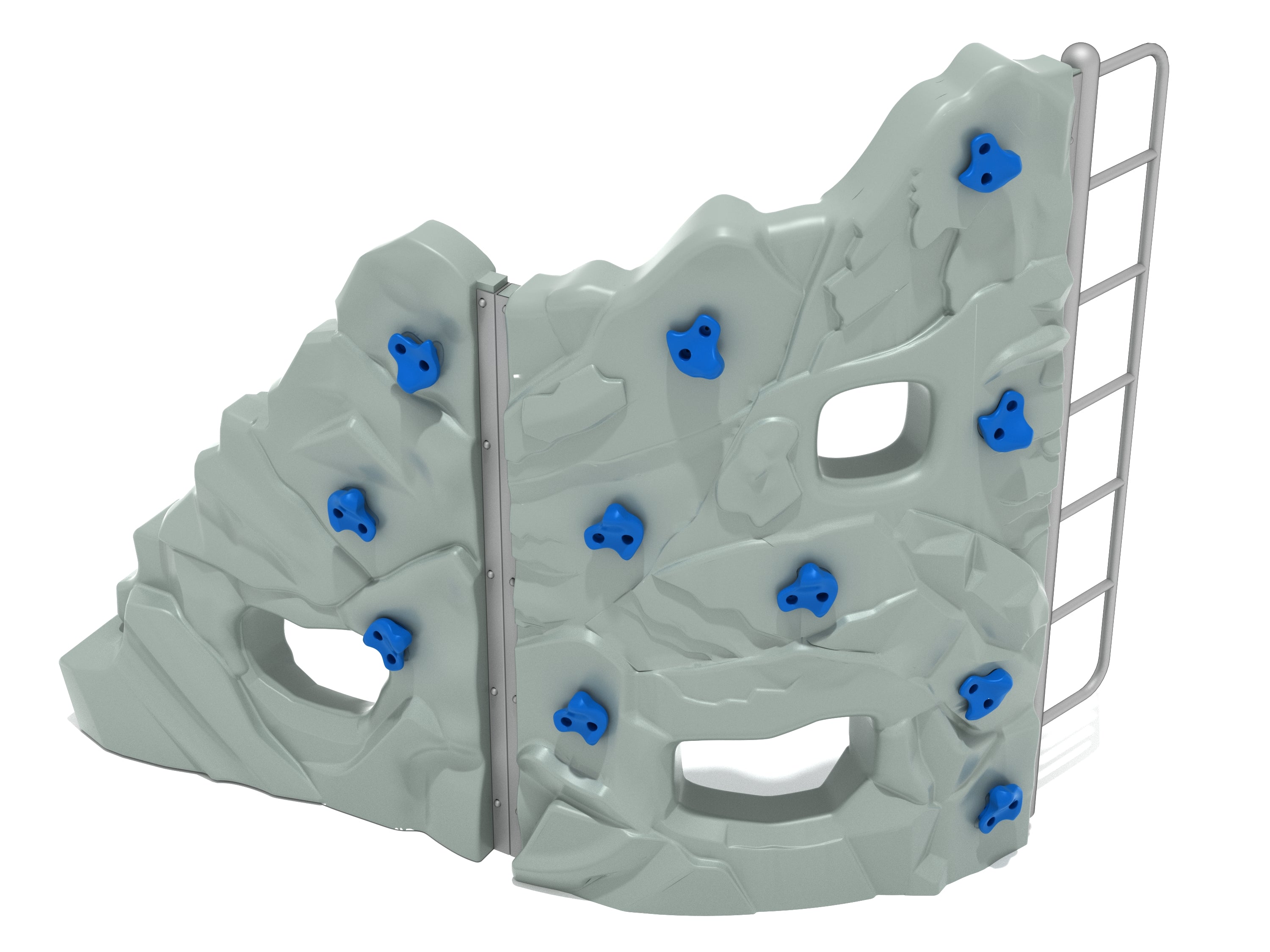 Compact freestanding climbing wall with gray sculpted rock panels, blue handholds, peek-through windows, and metal side ladder