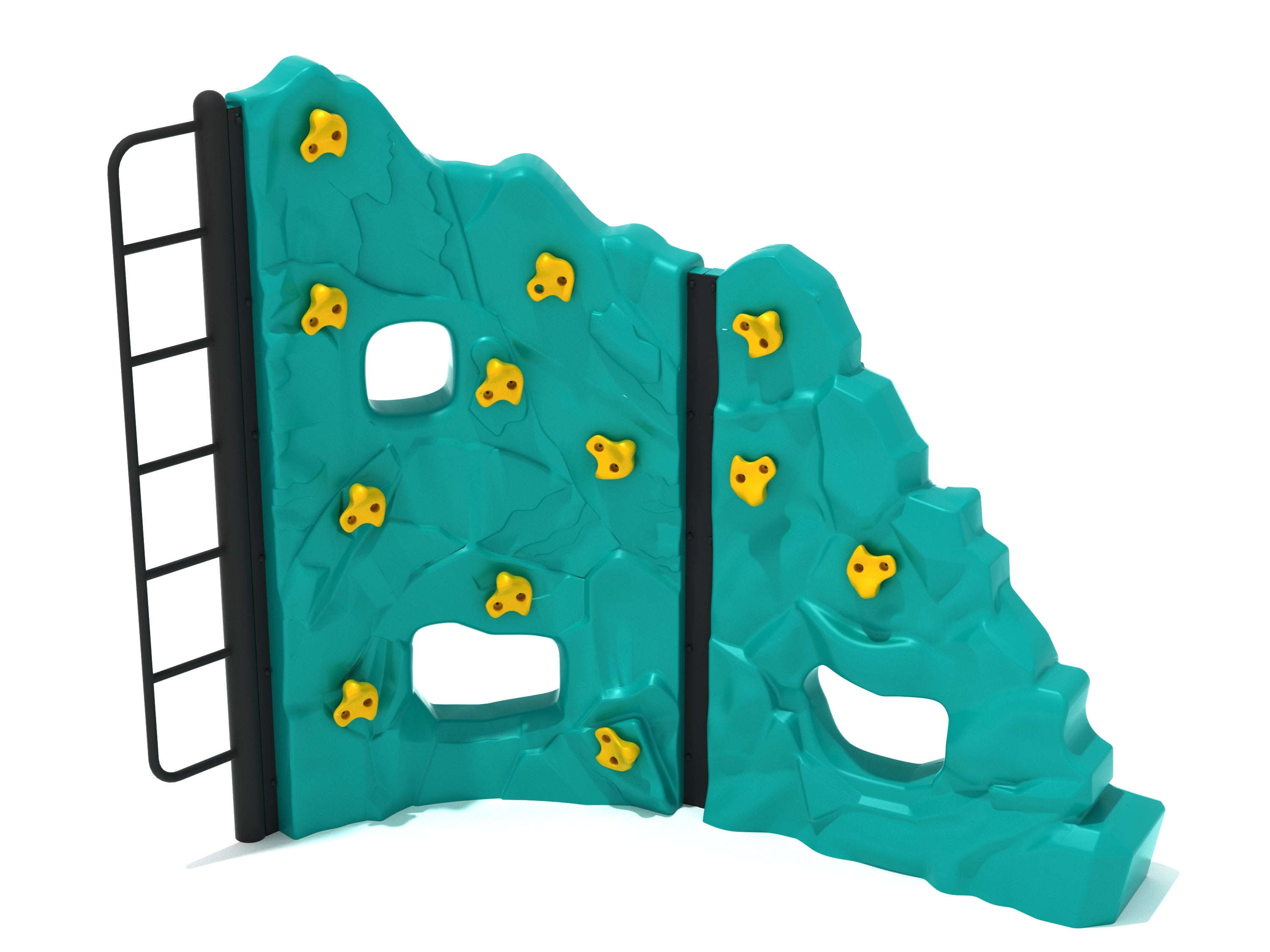 Compact turquoise climbing wall with yellow handholds, peek-through windows, and black side ladder for active play