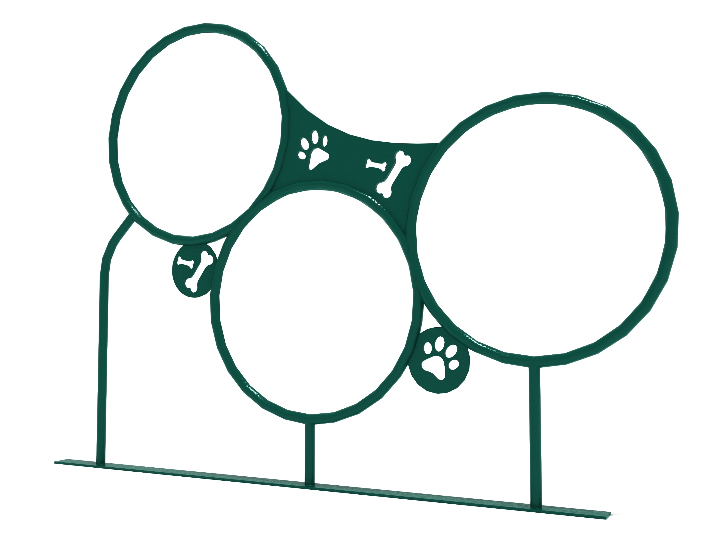 Dark green dog agility rings with three hoops at varying heights, decorated with paw print and bone cutouts