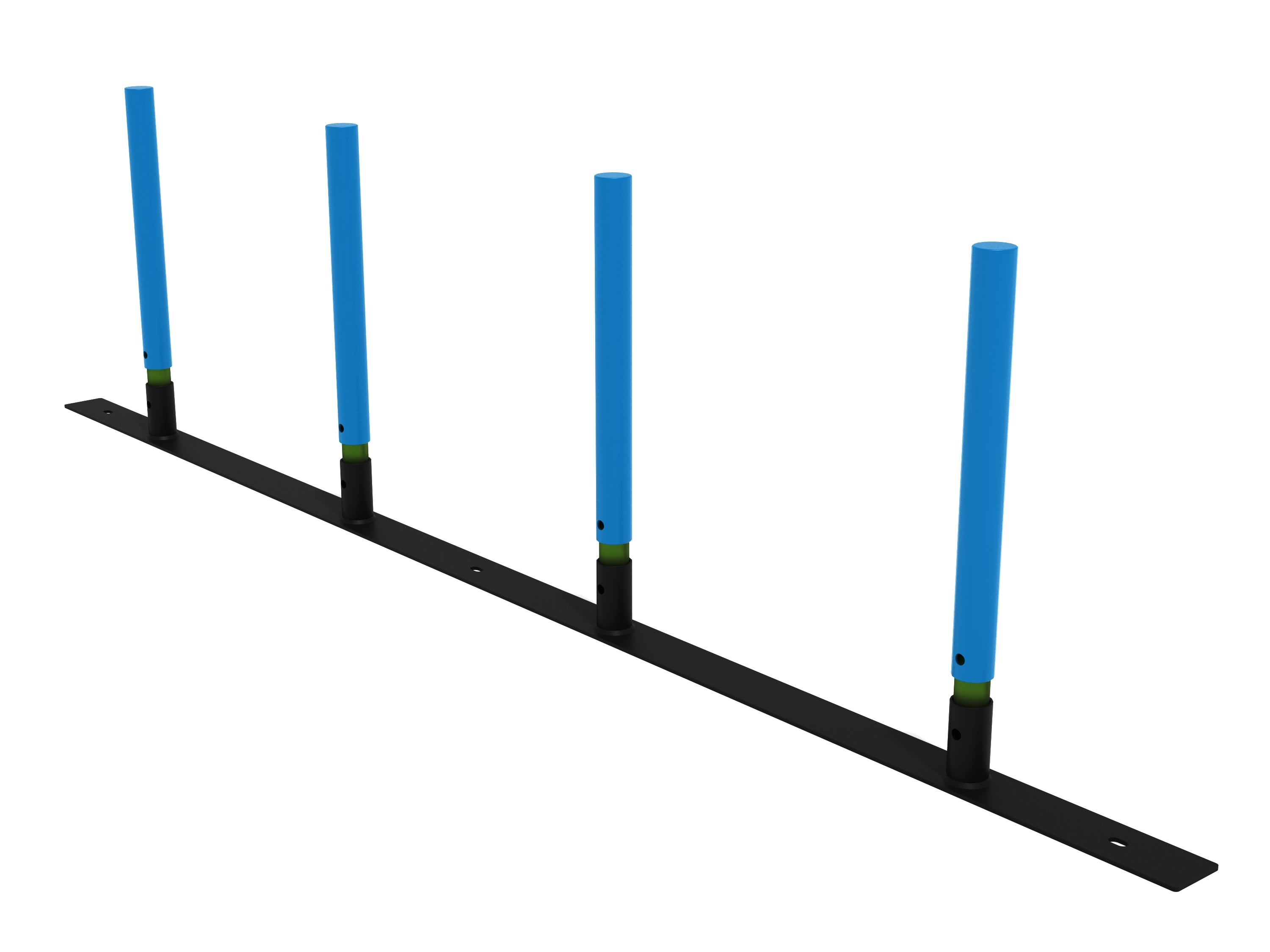 Four Post Dog Weave with lagoon blue powder-coated steel posts on black metal base for dog agility training