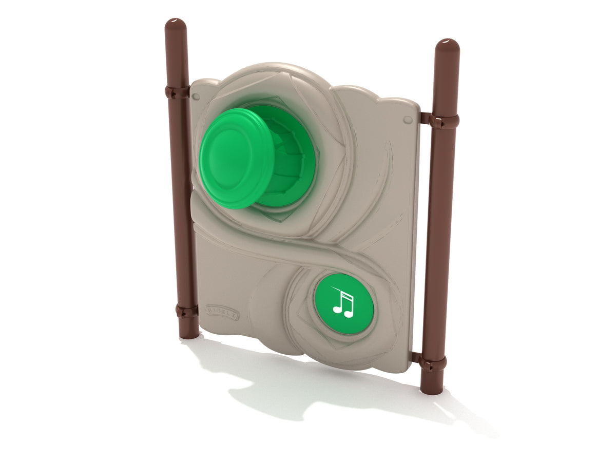 Outdoor playground musical panel with tan swirling design, green drum, and musical note symbol for interactive play