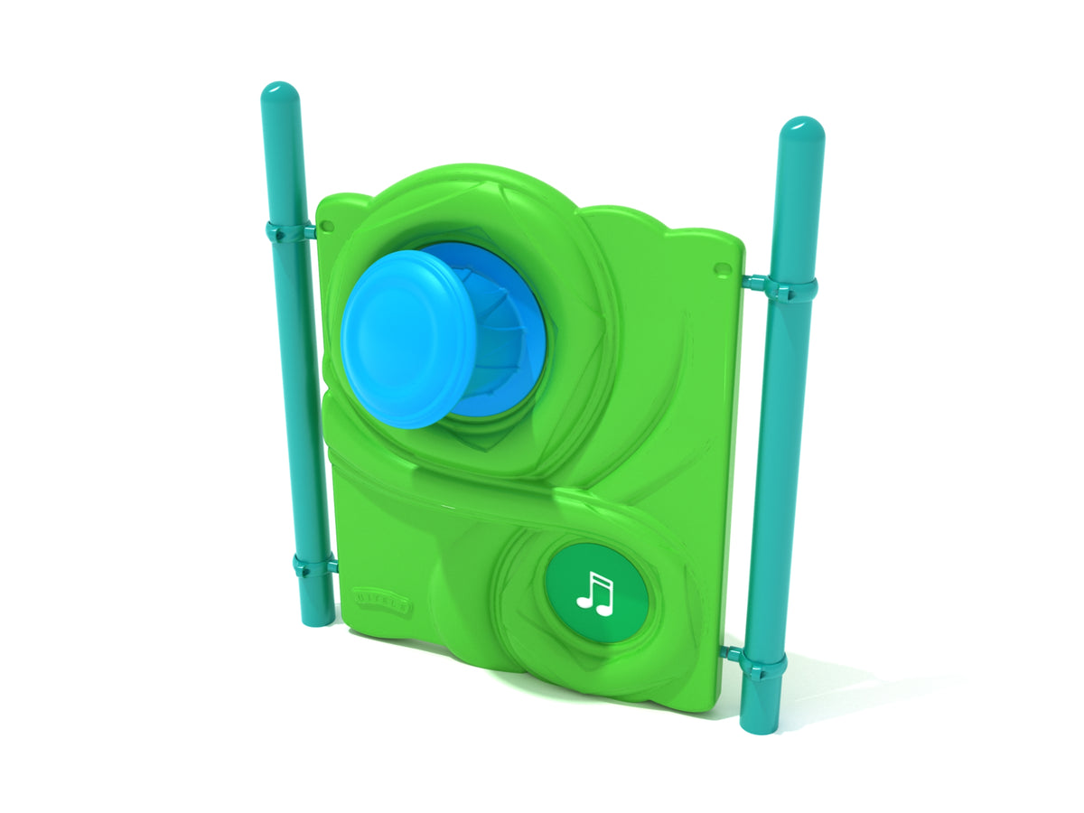Outdoor playground musical panel with blue drum, teal posts, green panel, and musical note symbol