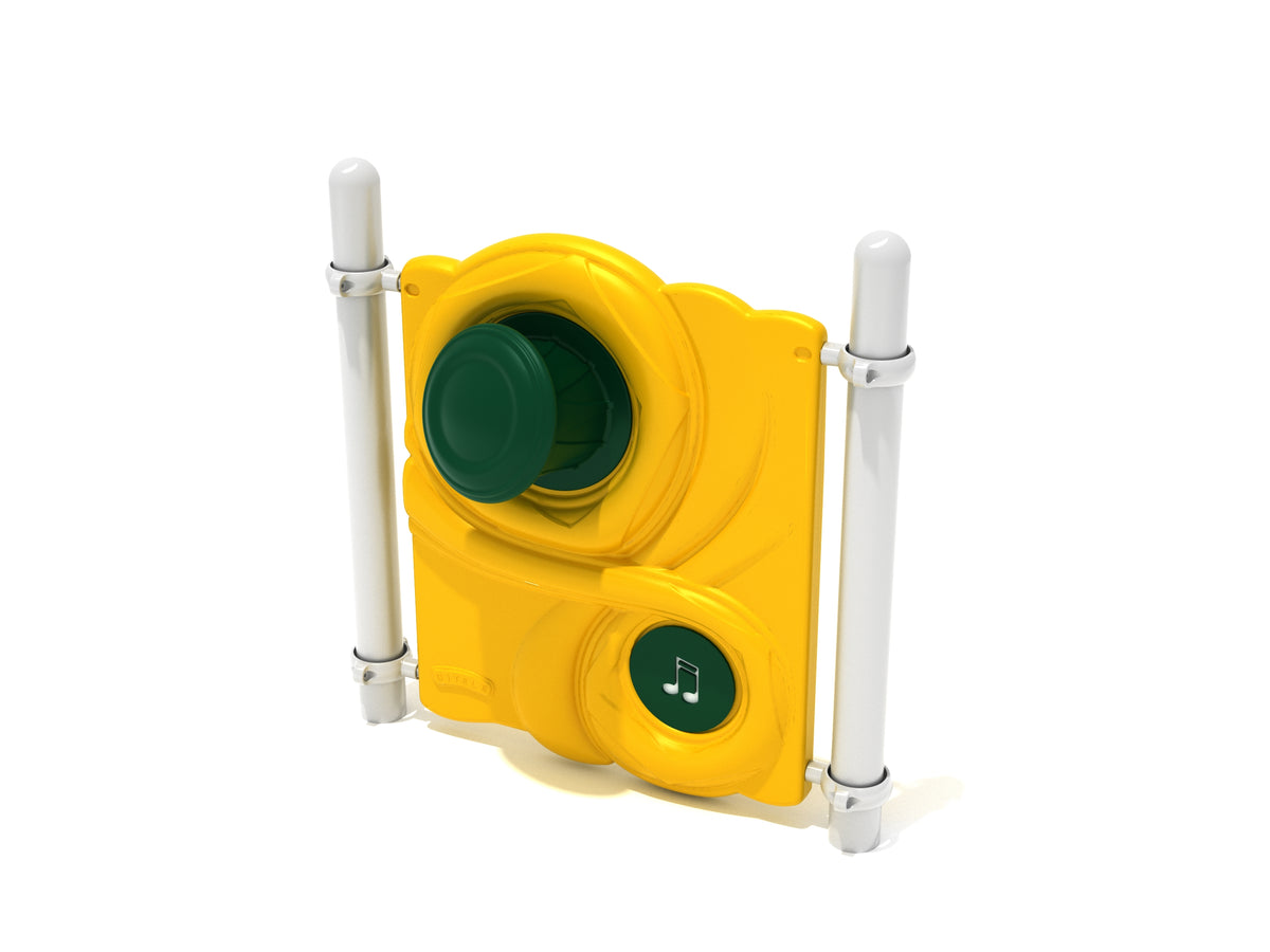 Outdoor playground musical panel with yellow frame, green drum heads, and musical note detail for interactive play