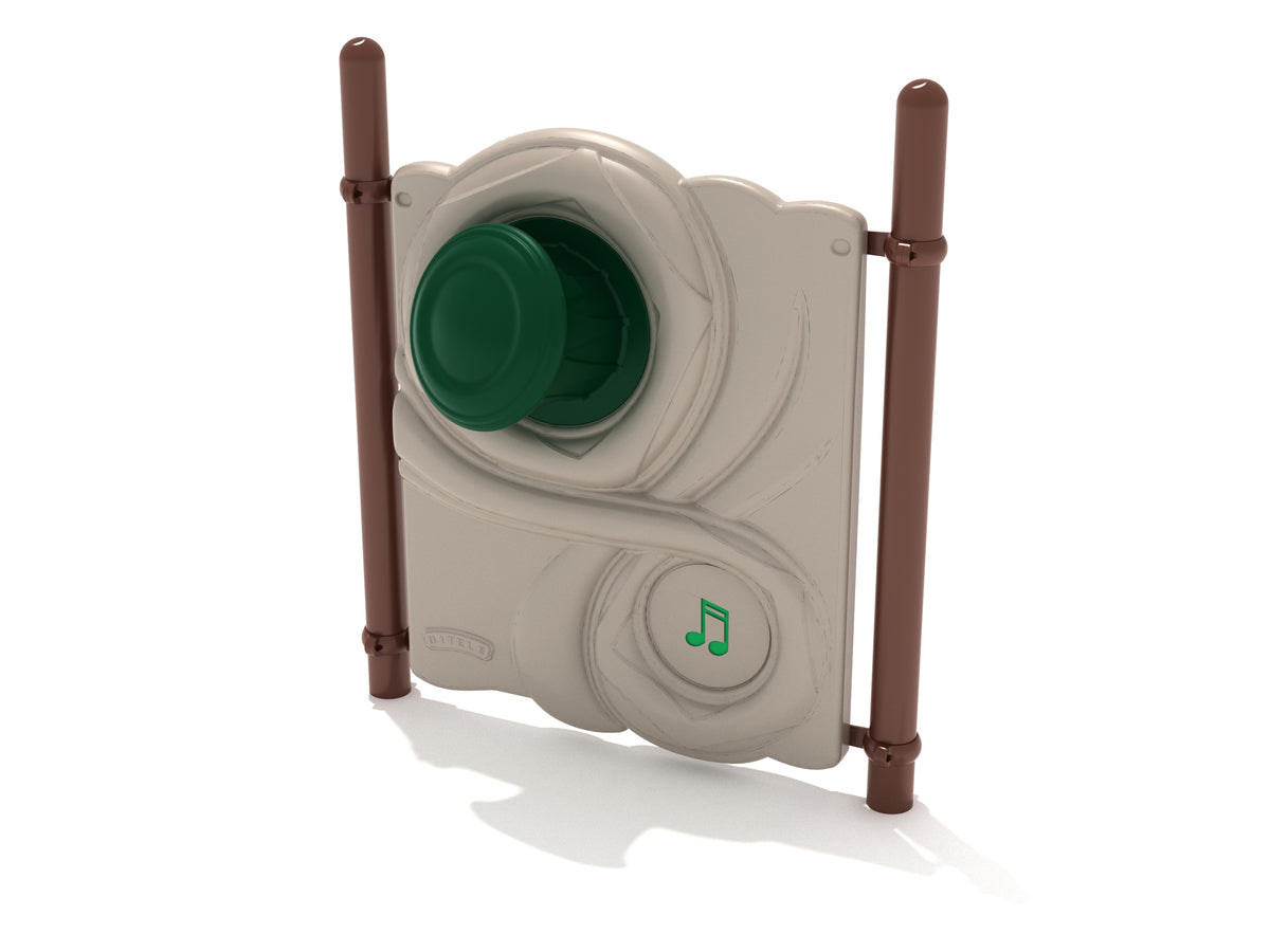 Outdoor freestanding musical play panel with tan swirling design, elevated green drum, and green musical note, supported by brown posts.