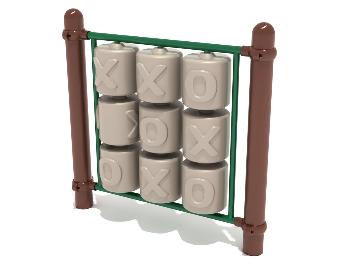 Outdoor tic-tac-toe panel with nine rotatable cylinders displaying X and O symbols in a green and brown frame