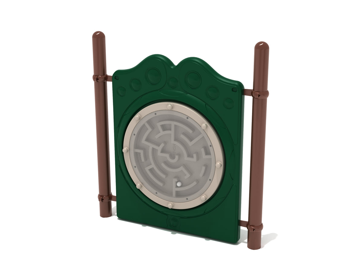 Green freestanding circular ball maze panel with white ball, supported by two brown posts, featuring an intricate labyrinth design.