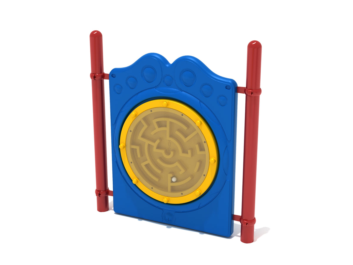 Freestanding Ball Maze Panel with Posts featuring a blue frame, yellow circular maze labyrinth, and red steel posts for playground activity