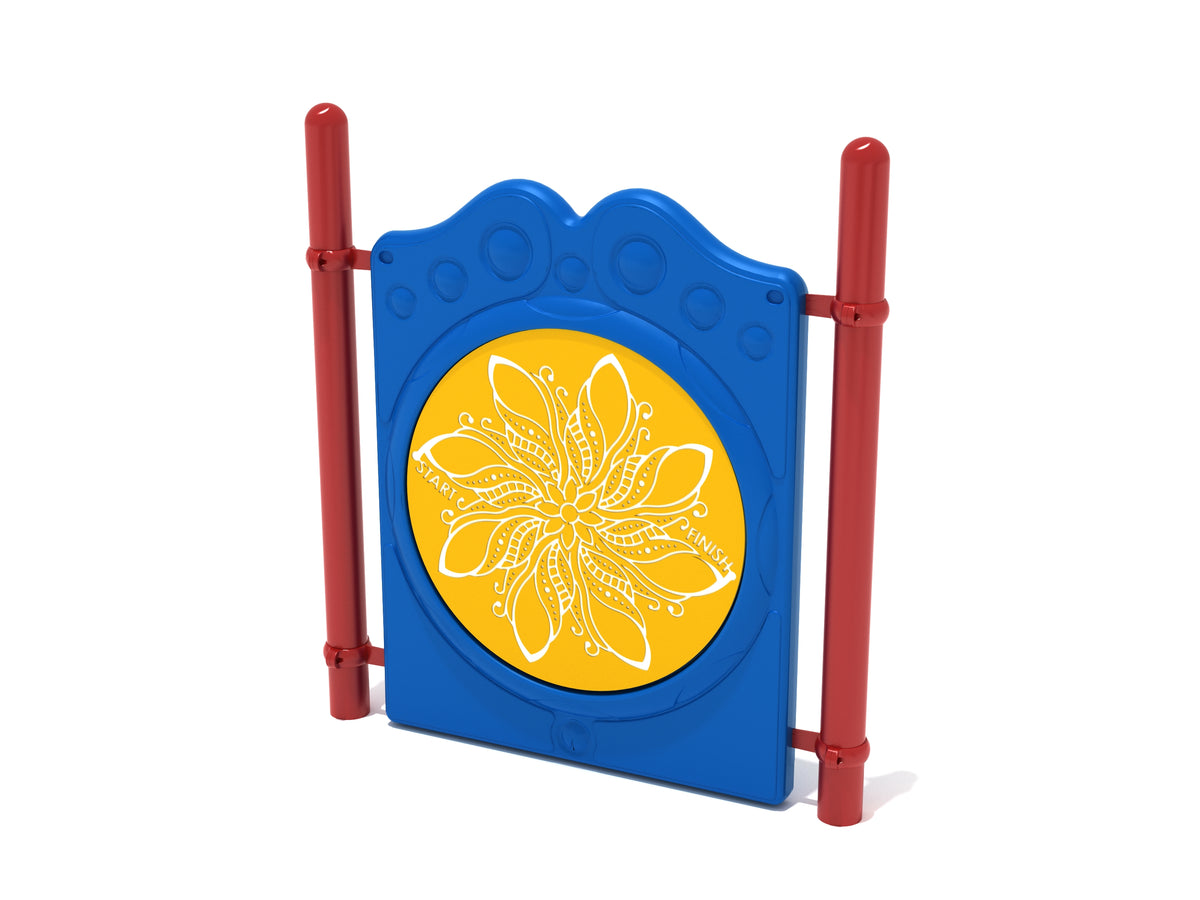 Freestanding Finger Maze Panel with Posts featuring a blue frame, red posts, and a yellow circular flower maze design