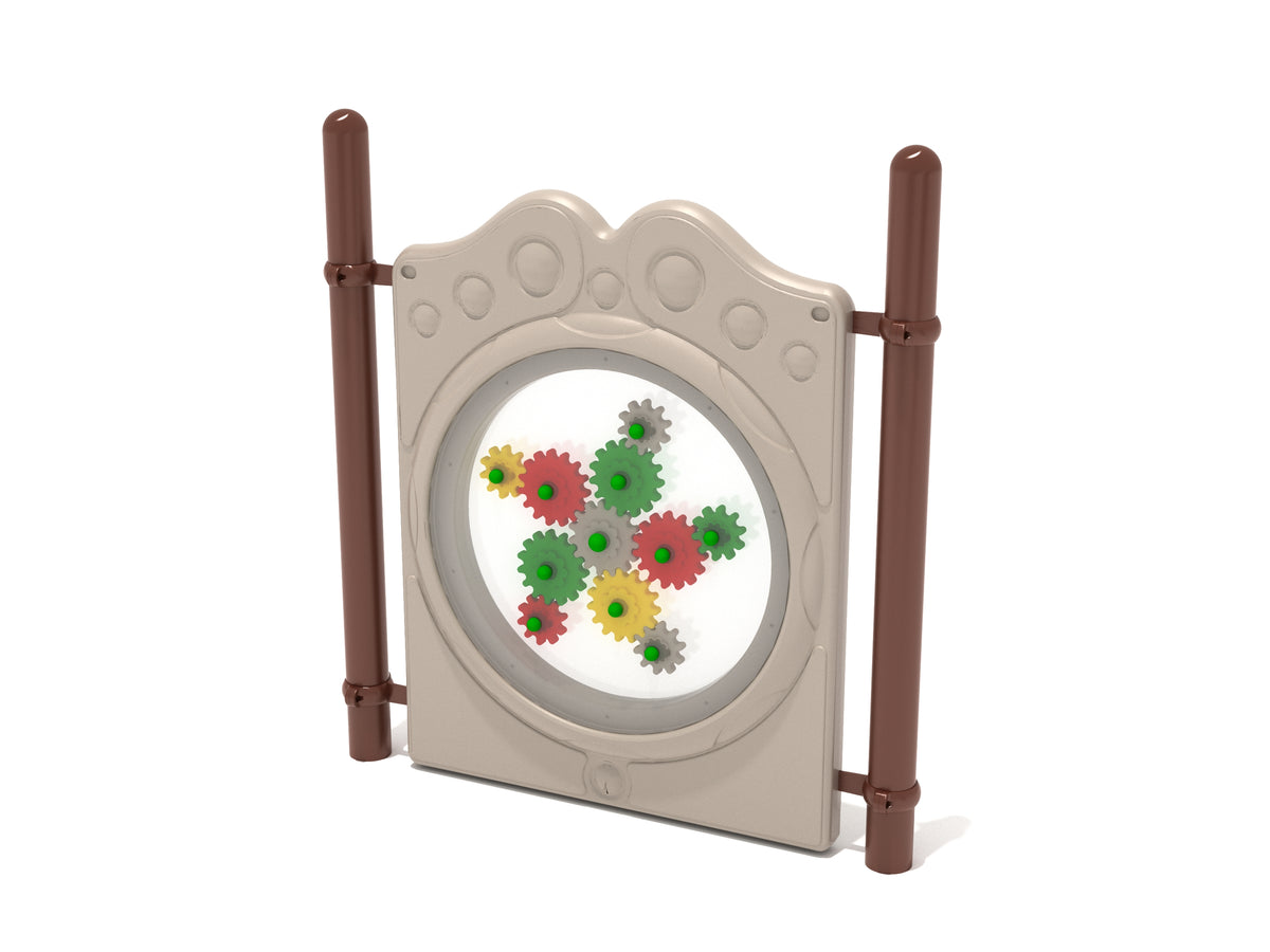 Neutral freestanding panel with multicolor interlocking gears and brown posts for interactive mechanical play