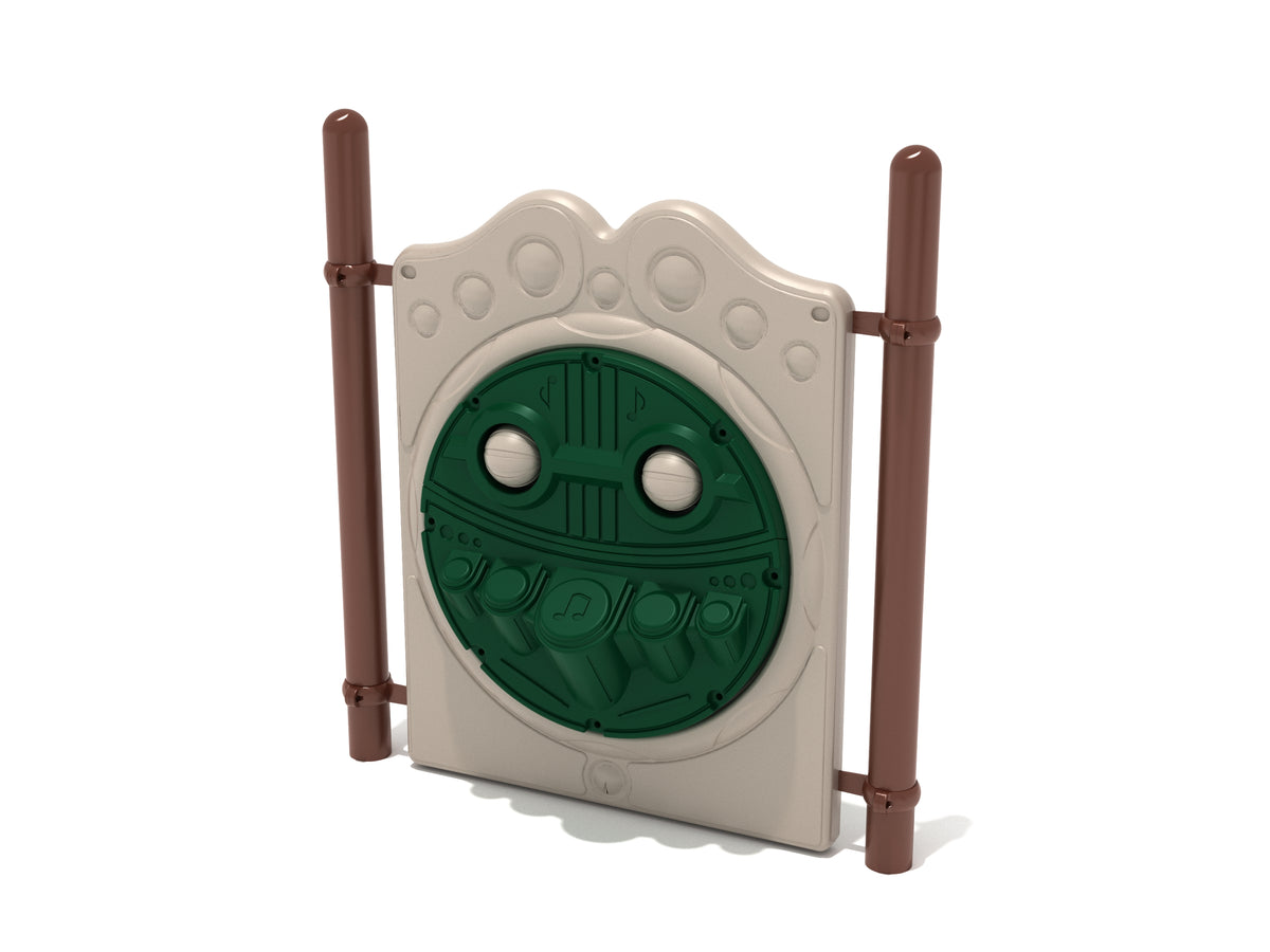 Neutral freestanding percussion panel with brown posts, circular green music panel featuring spinning rattles and drum elements