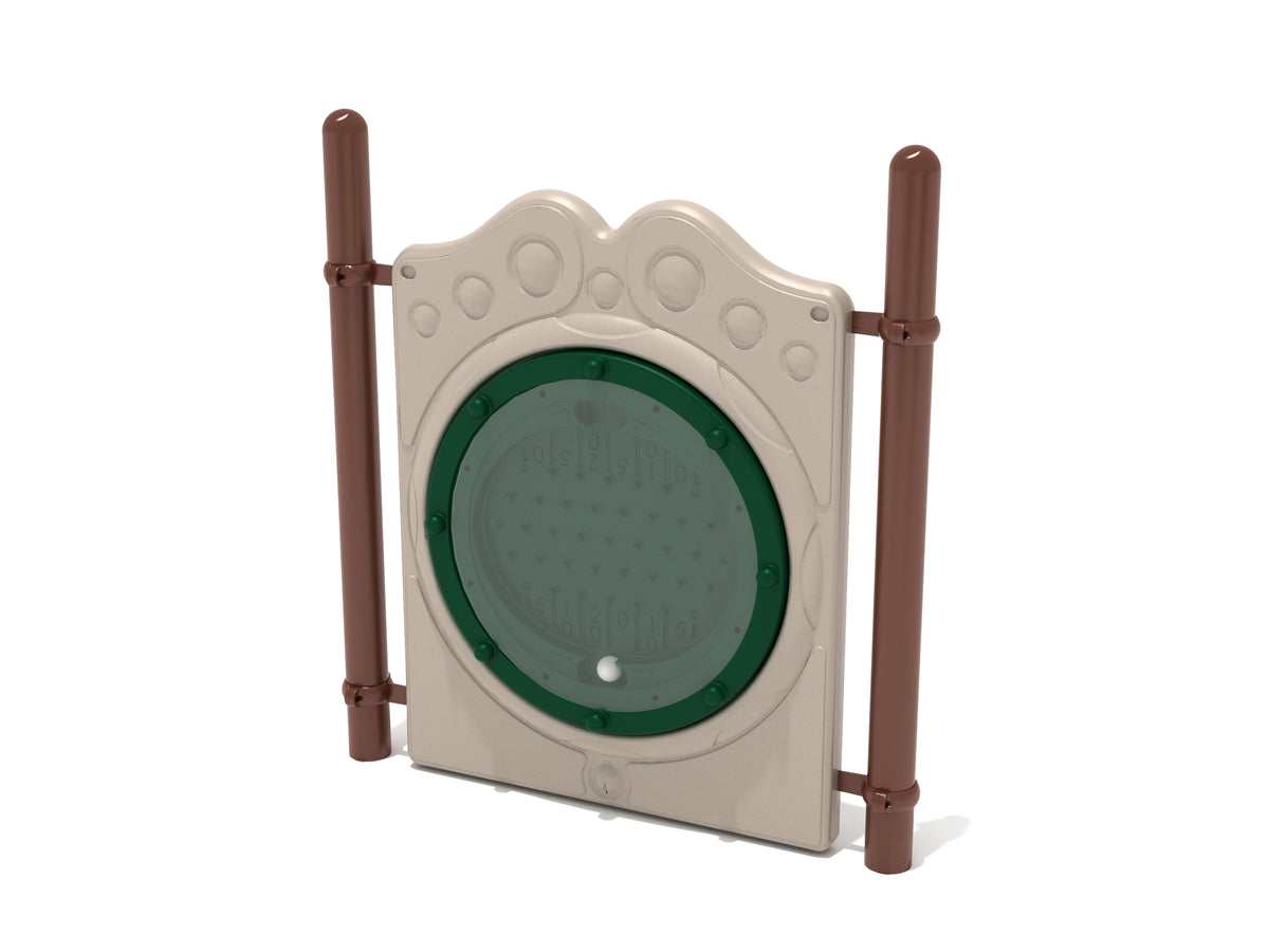 Freestanding outdoor Plinko game panel with beige frame, green circular pegboard, and brown support posts for play areas